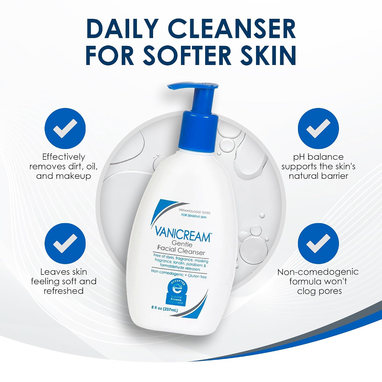 Vanicream Gentle Facial Cleaner with Pump Dispenser, 8 Fl Oz, Formulated without Common Irritants for Sensitive Skin, Removes Makeup, Dirt & Excess Oils, Non-Comedogenic, pH-Balanced Face Wash
