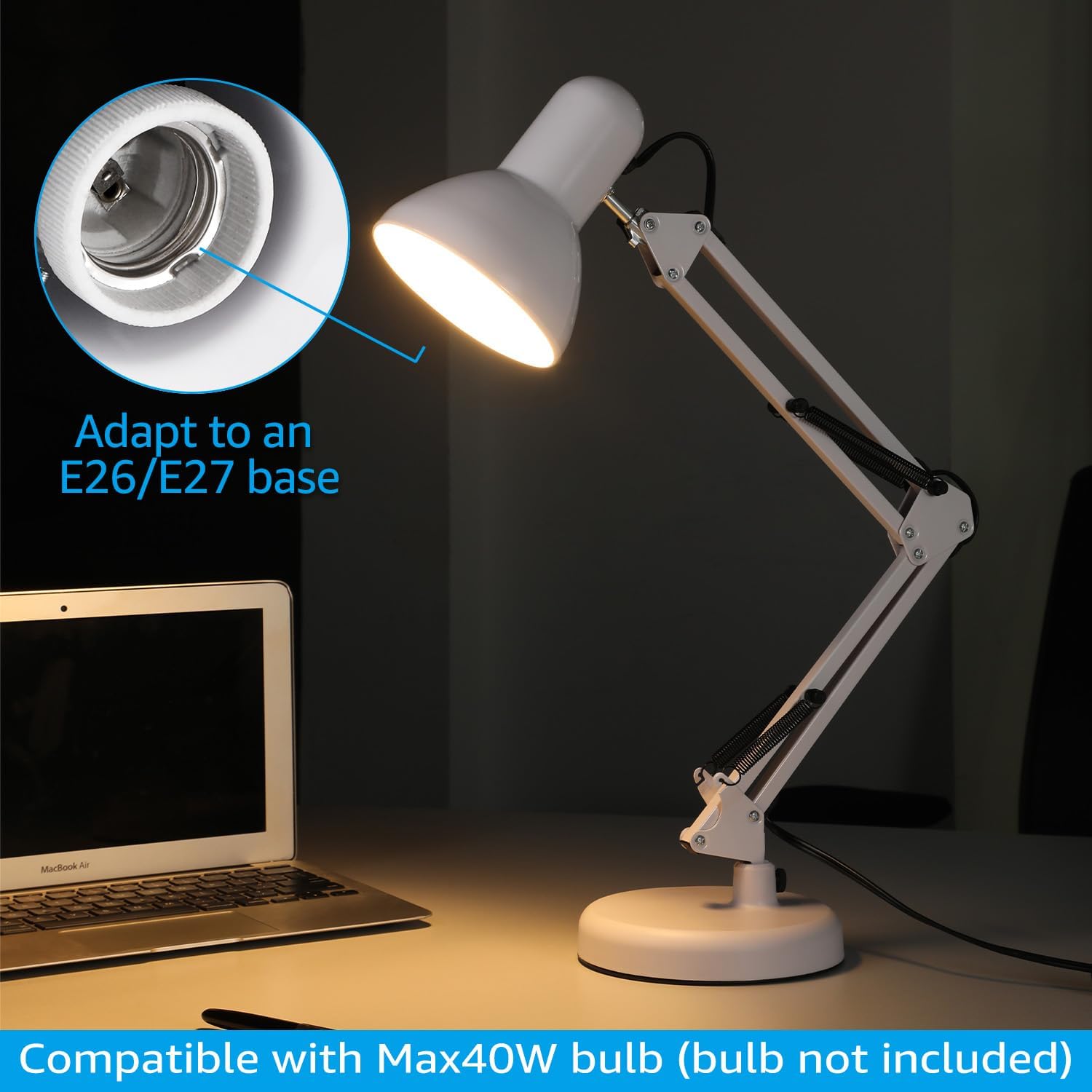 TORCHSTAR Metal Desk Lamp, Adjustable Swing Arm, E26, Black | Architect Gooseneck Multi-Joint Clip Table Lamp with Plastic Clamp, for Home Office, Work, Study, Reading, Bulbs not Included