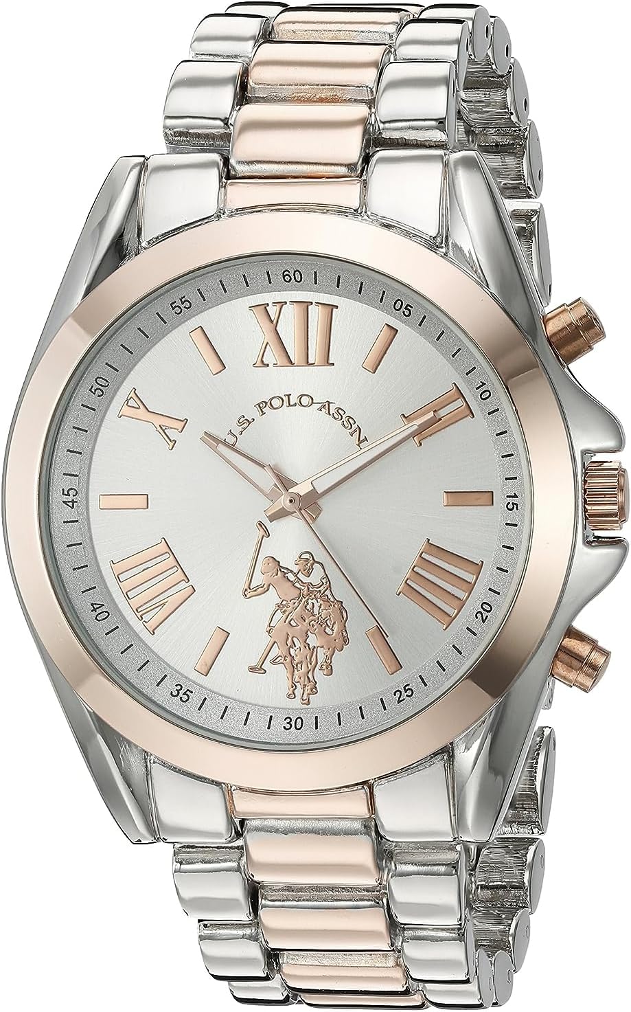 U.S. Polo Assn. Women's Two-Tone Analog Watch – Silver Dial with Rose Gold Accents, 41mm Metal Case