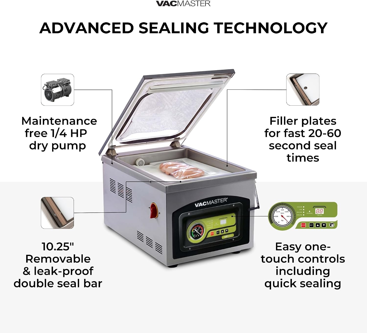 VacMaster VP210 Chamber Vacuum Sealer – Maintenance-Free Commercial Vacuum Sealer Machine for Food, 10.25” Seal Bar for 10” x 13” Bags
