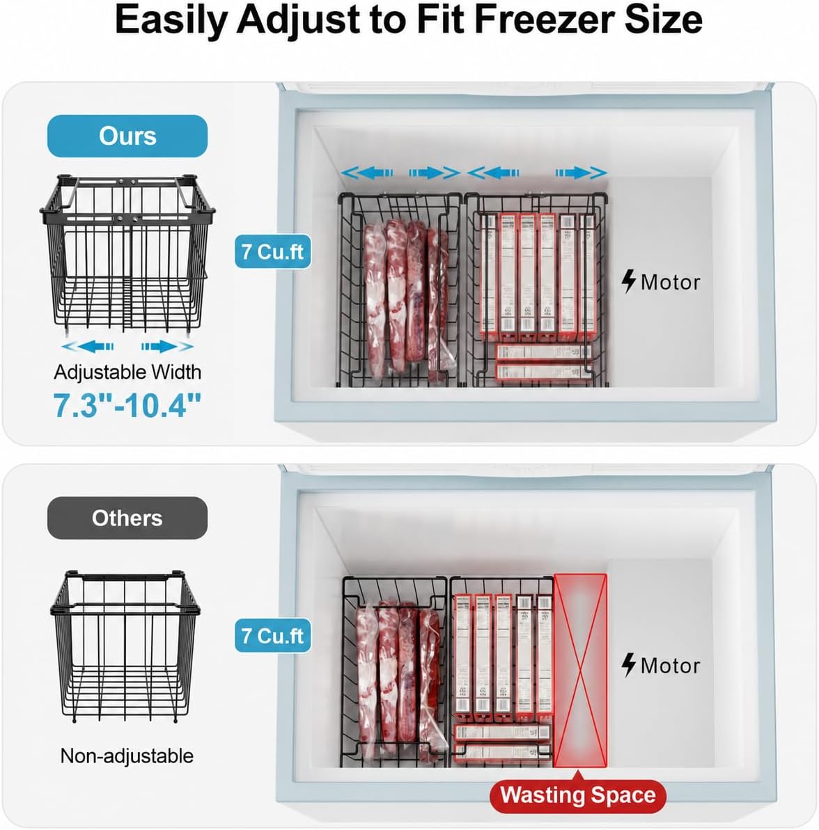 Freezer Organizer Bins - 3 Pack Adjustable Width for 5 to 7 Cu Ft Chest Freezers