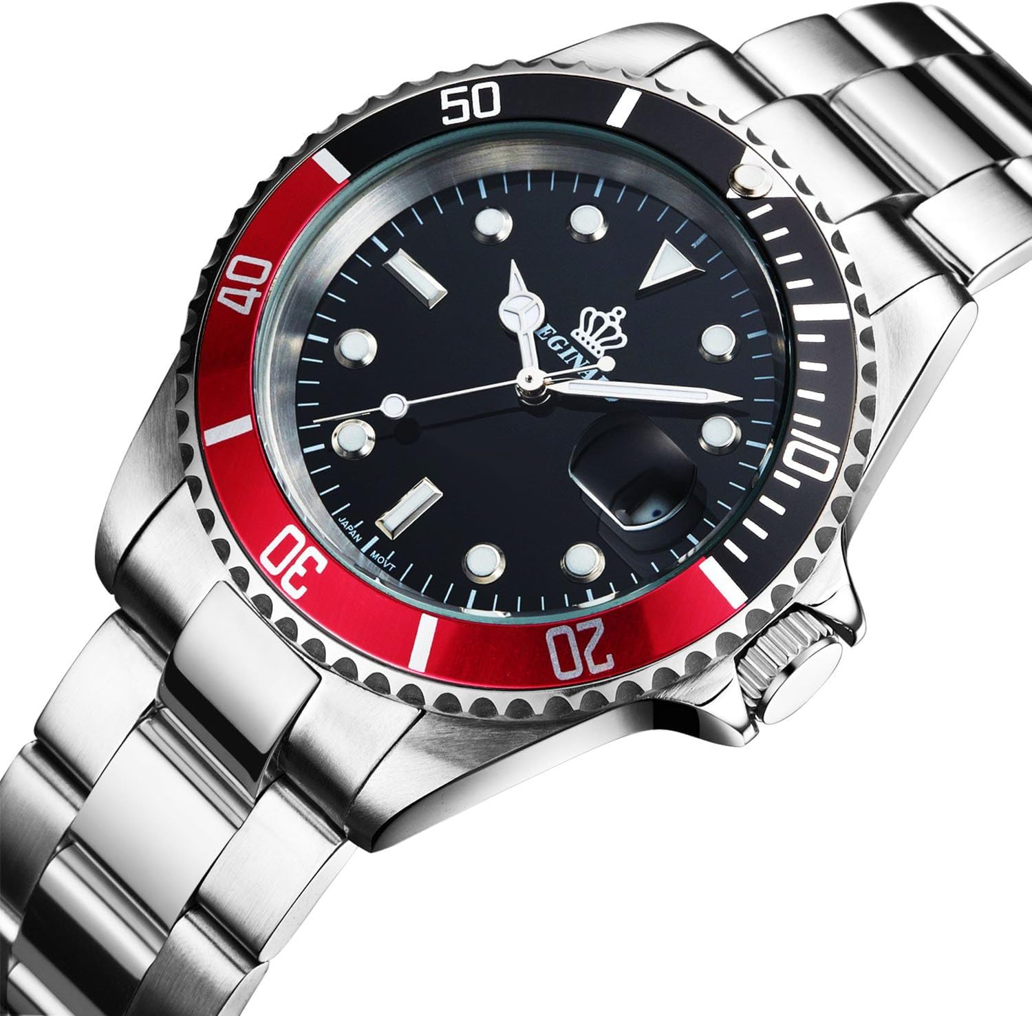FANMIS Mens Luxury Watches Rotatable Bezel Sapphire Glass Luminous Hand Quartz Silver Tone Stainless Steel Watch