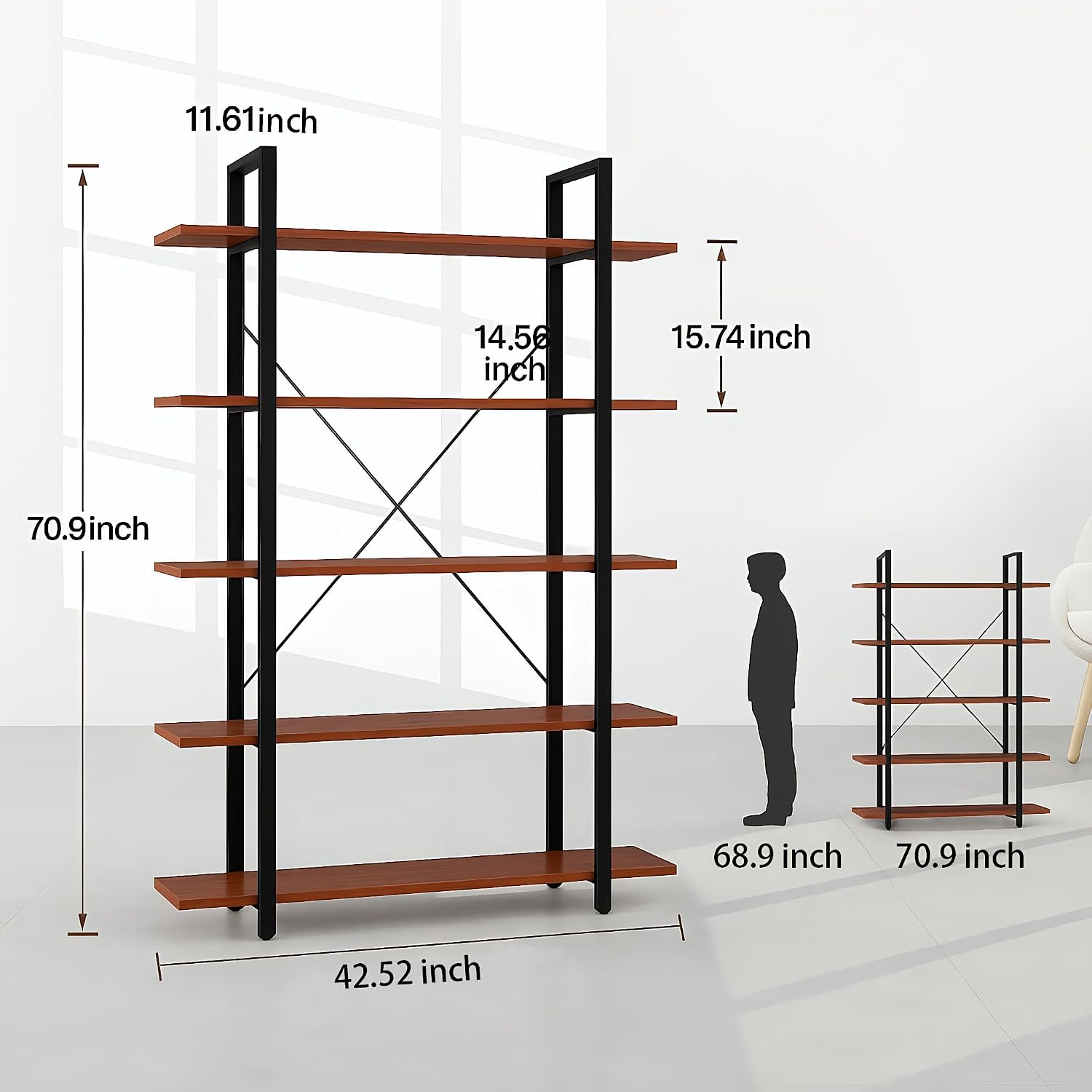 BATHWA Wood and Metal Minimalist 5 Tier Bookshelf, 6 feet Tall Open Rustic Wide Bookcase Industrial Style