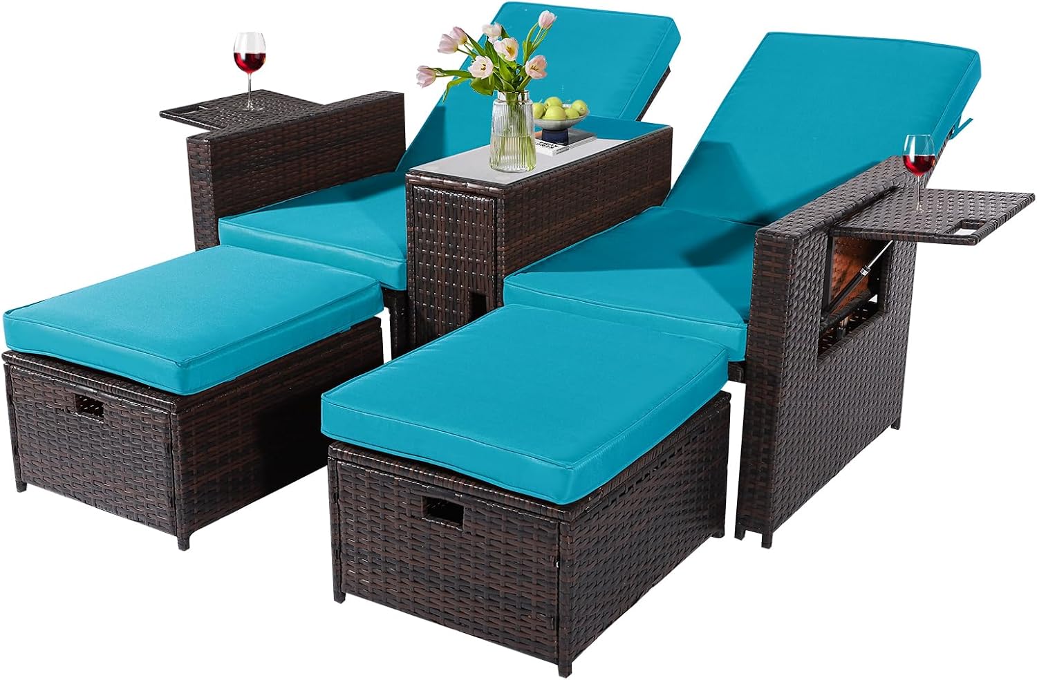 5PCS Outdoor Wicker Chaise Lounge Chair - Rattan Adjustable Reclining Patio Lounge Chair with Ottoman and Coffee Table