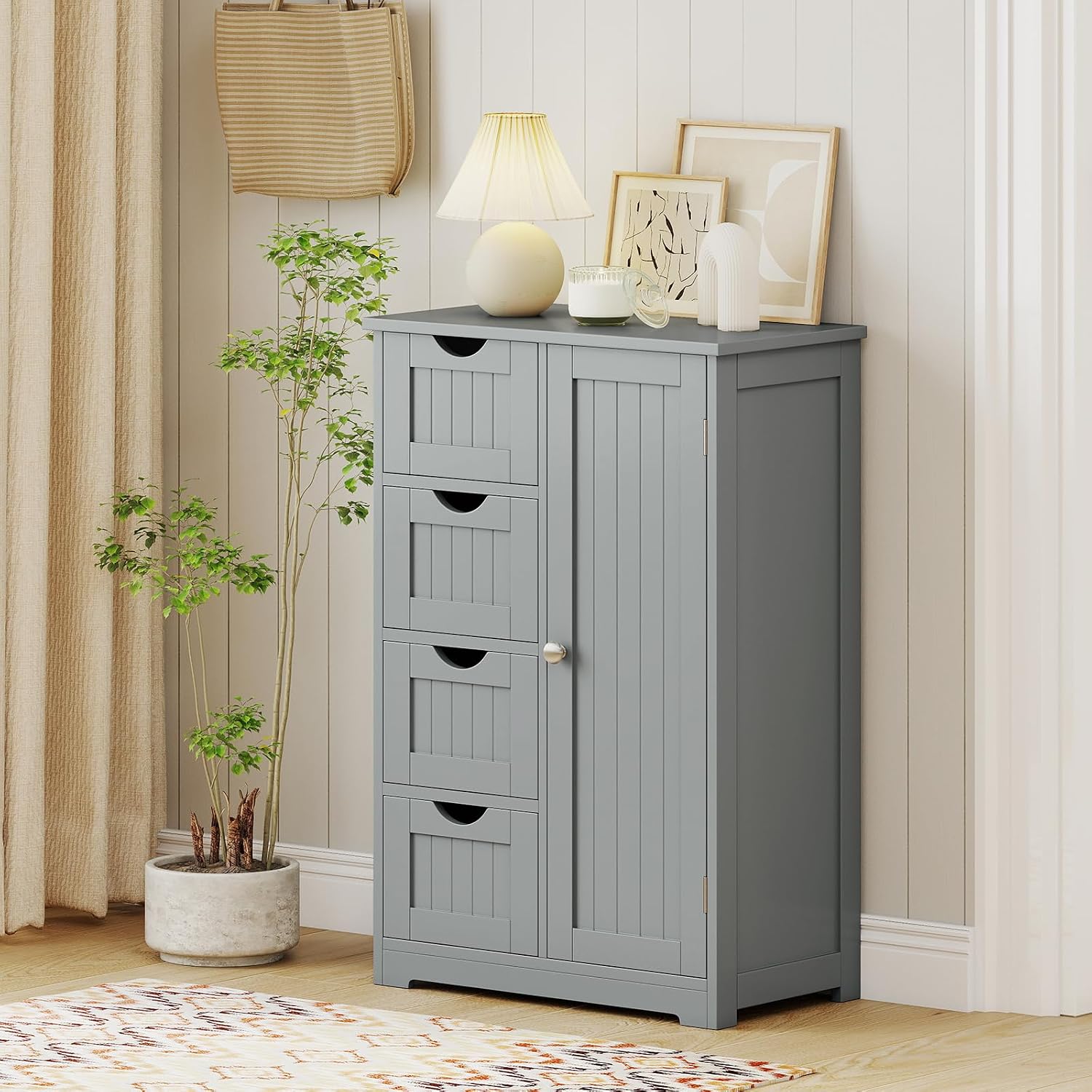 Giantex Storage Cabinet with 4 Drawers, Bathroom Storage Organizer with Cupboard, Adjustable Shelf, Anti-Toppling Device, Floor Cabinet, Entryway Storage Unit Console Table, White