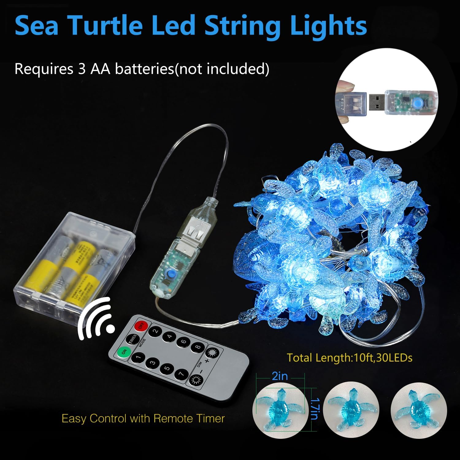 Beach Theme -Cute Green Sea Turtle String Lights- Ocean Fairy Decorative Lights- 10ft 30 LEDs -USB Powered -Multi-Function- Remote Control-Christmas
