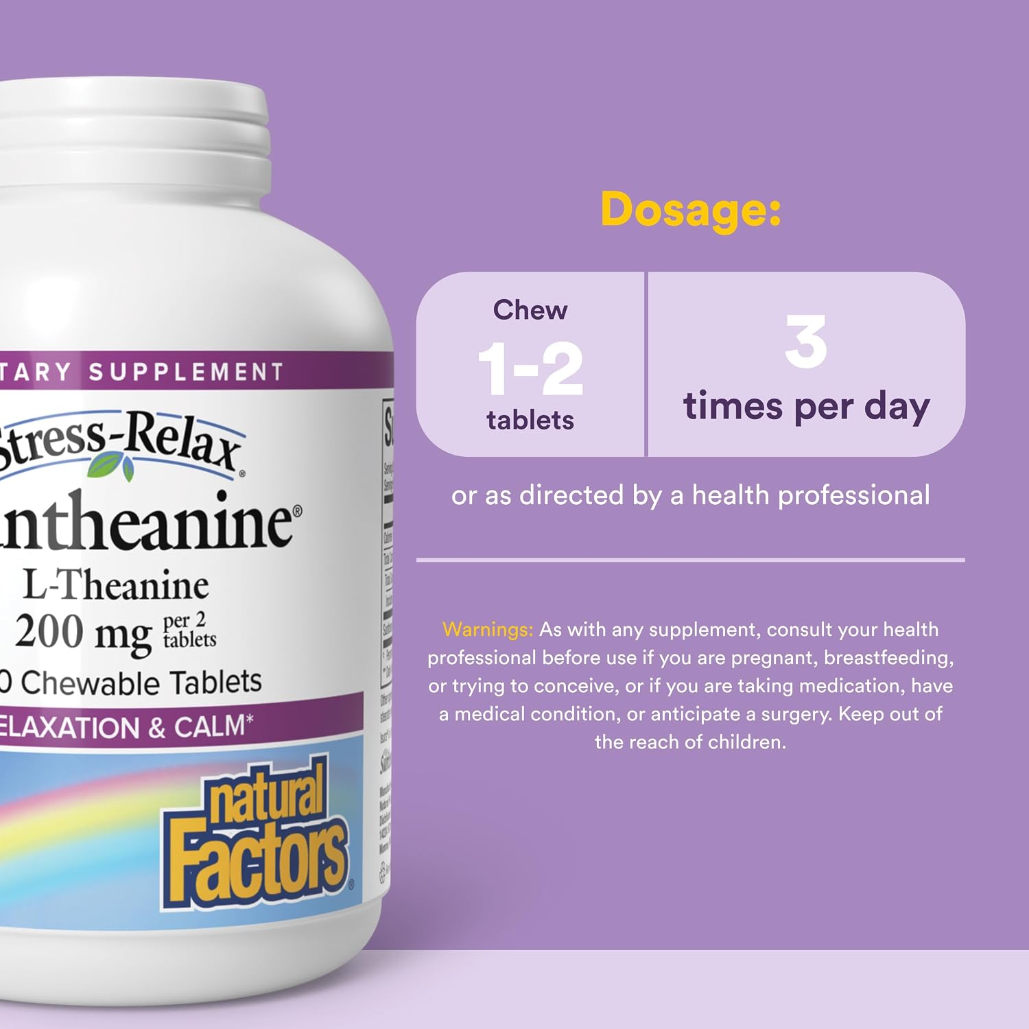 Natural Factors Suntheanine L-Theanine 100 mg - Health Supplement for Calm Outlook - L-Theanine Supplement Supports Relaxing Sleep & Aids Against Drowsiness - 60 Chewable Tablets (30 Servings)
