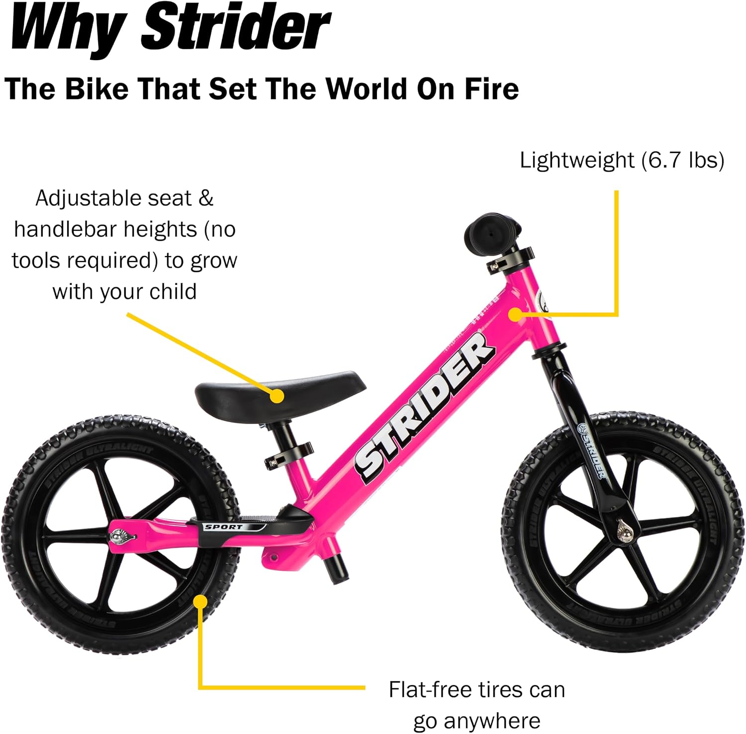 Strider 12 Sport Bike, Pink - No Pedal Balance Bicycle for Kids 1 to 4 Years - Includes Safety Pad, Padded Seat, Mini Grips, Flat-Free Tires -Easy Assembly, Tool-Free Adjustments | No-Pedal Balance Bike for Toddlers, Safety Pad, Adjustable Seat and Handl…