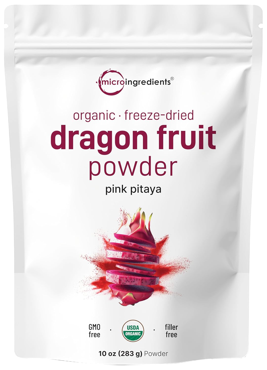 Micro Ingredients Organic Dragon Fruit Powder, 10oz | Natural Fruit Flavor | Freeze-Dried Pink Pitaya Source | No Sugar & Additives | Great for Drinks