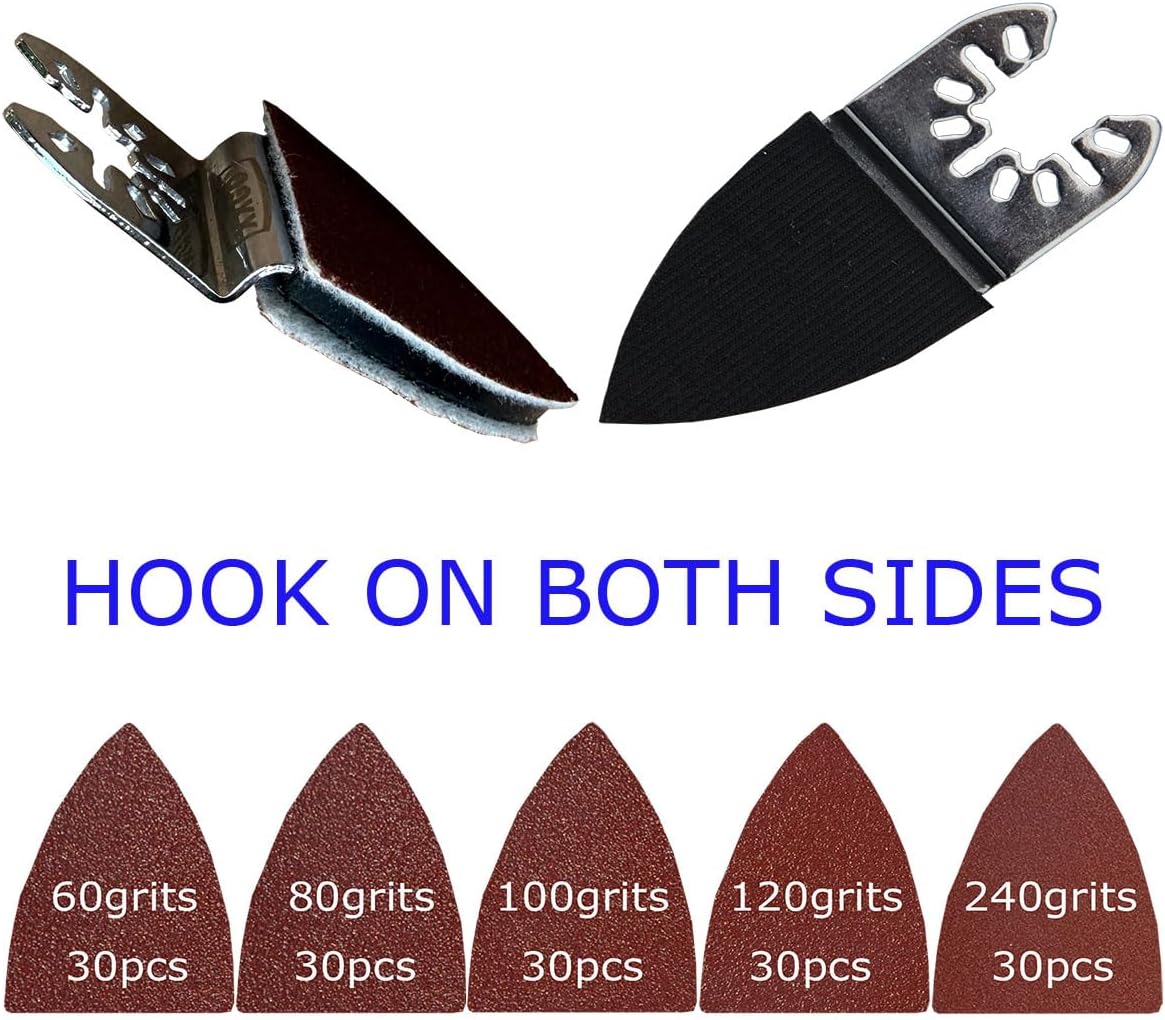 XXGO 55 Pcs 80mm 3-1/8 Inch Triangular Oscillating Multi Tool Sanding Pads | Assorted Grit , Hook & Loop Design , Strong Velcro , Best for Metal Wood Sanding