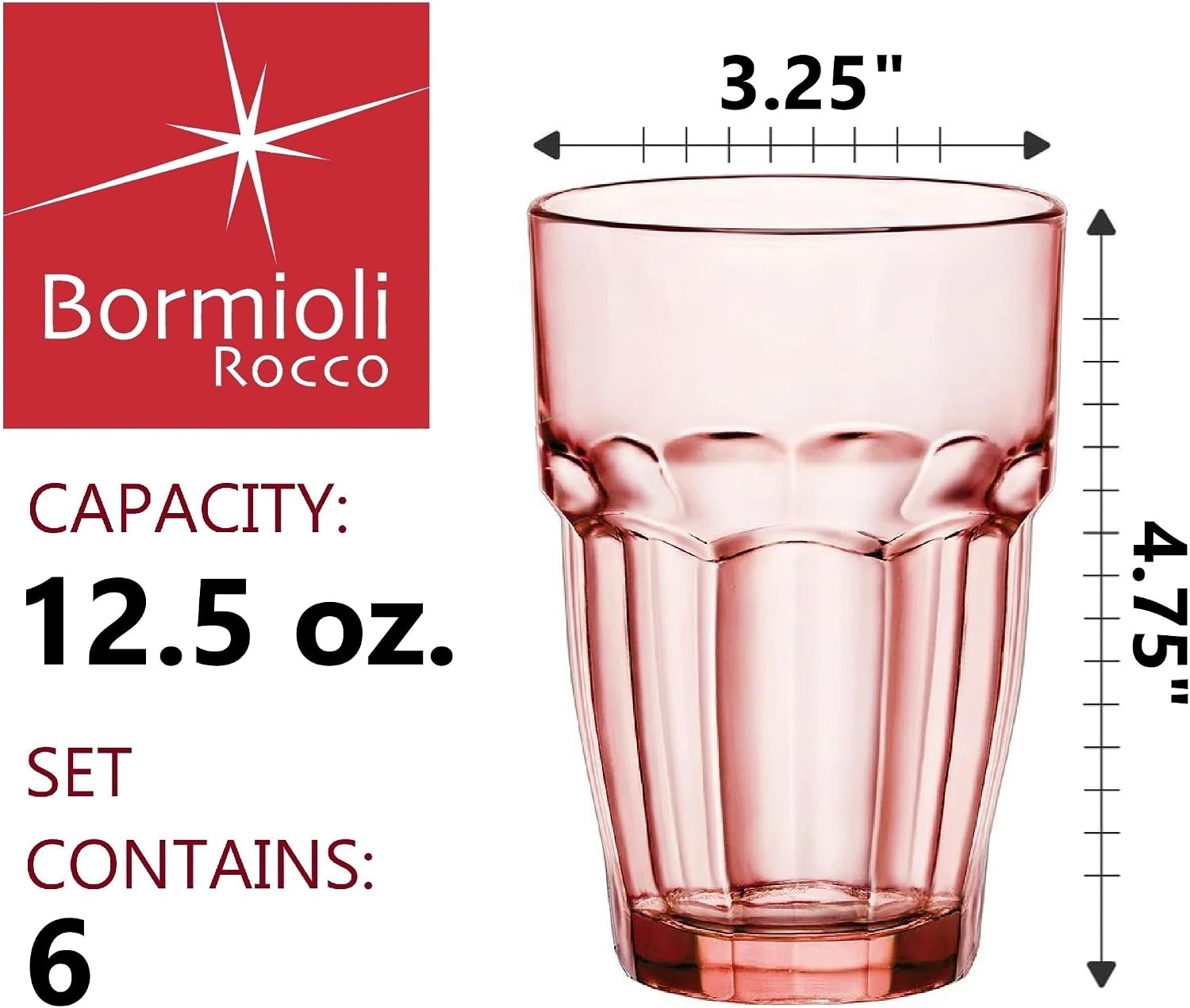 Bormioli Rocco Rock Bar 12.5 oz. Long Drink Stackable Tempered Beverage Glasses for Cold Drinks, Water, and Cocktails, Set of 6, Ice Blue