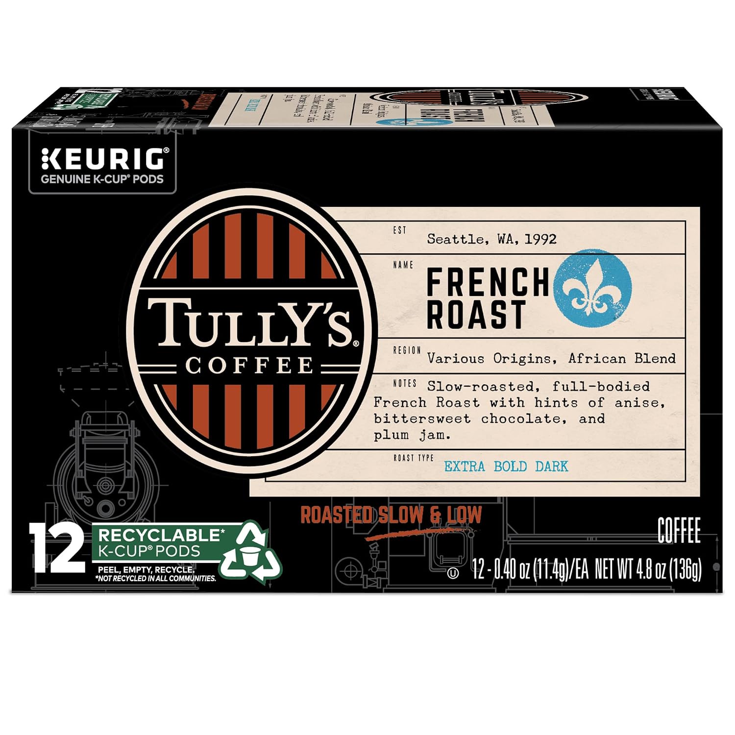 Tully's Coffee Hawaiian Blend Keurig Single-Serve K-Cup Pods, Medium Roast Coffee, 96 Count