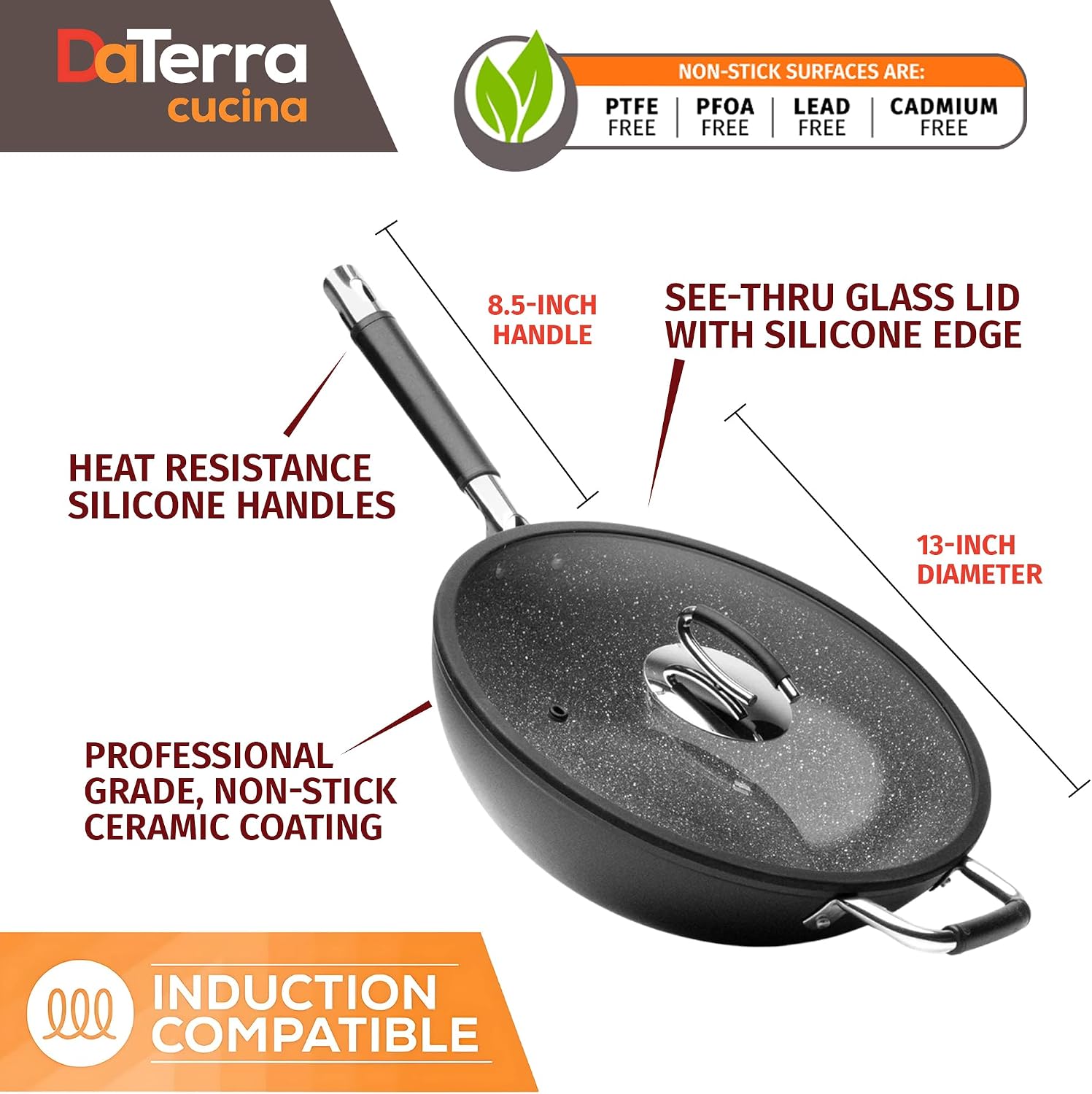 DaTerra Cucina - Nonstick Ceramic Wok with Lid - Oven & Induction Safe, 13"