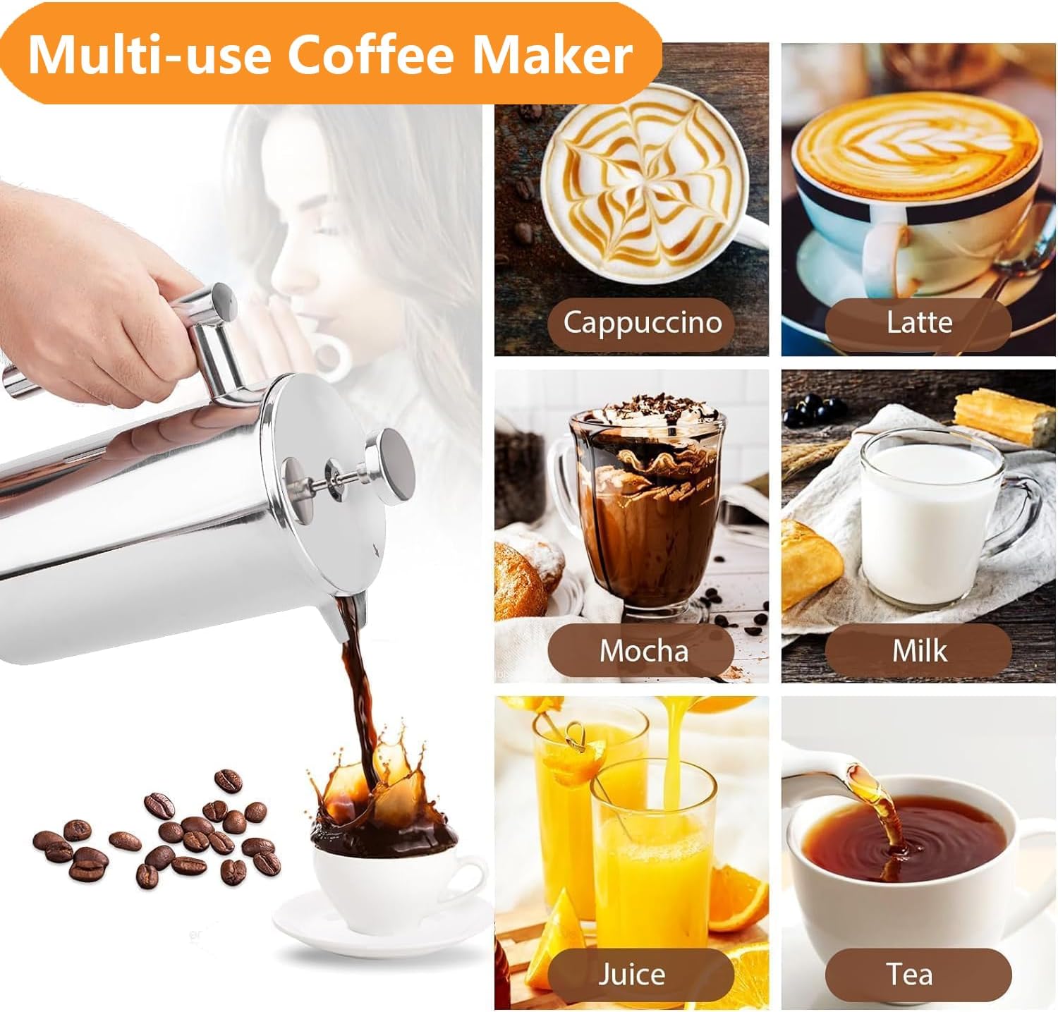 Black French Press Stainless Steel 34oz