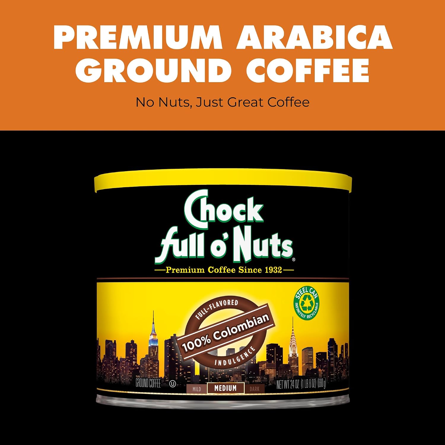Chock Full o' Nuts French Roast Ground Coffee – Premium Beans in Recyclable Steel Can – Rich Flavor & Aroma, Dark Roast – Perfect for Drip, Pour-Over, Percolator – 26 Oz Can