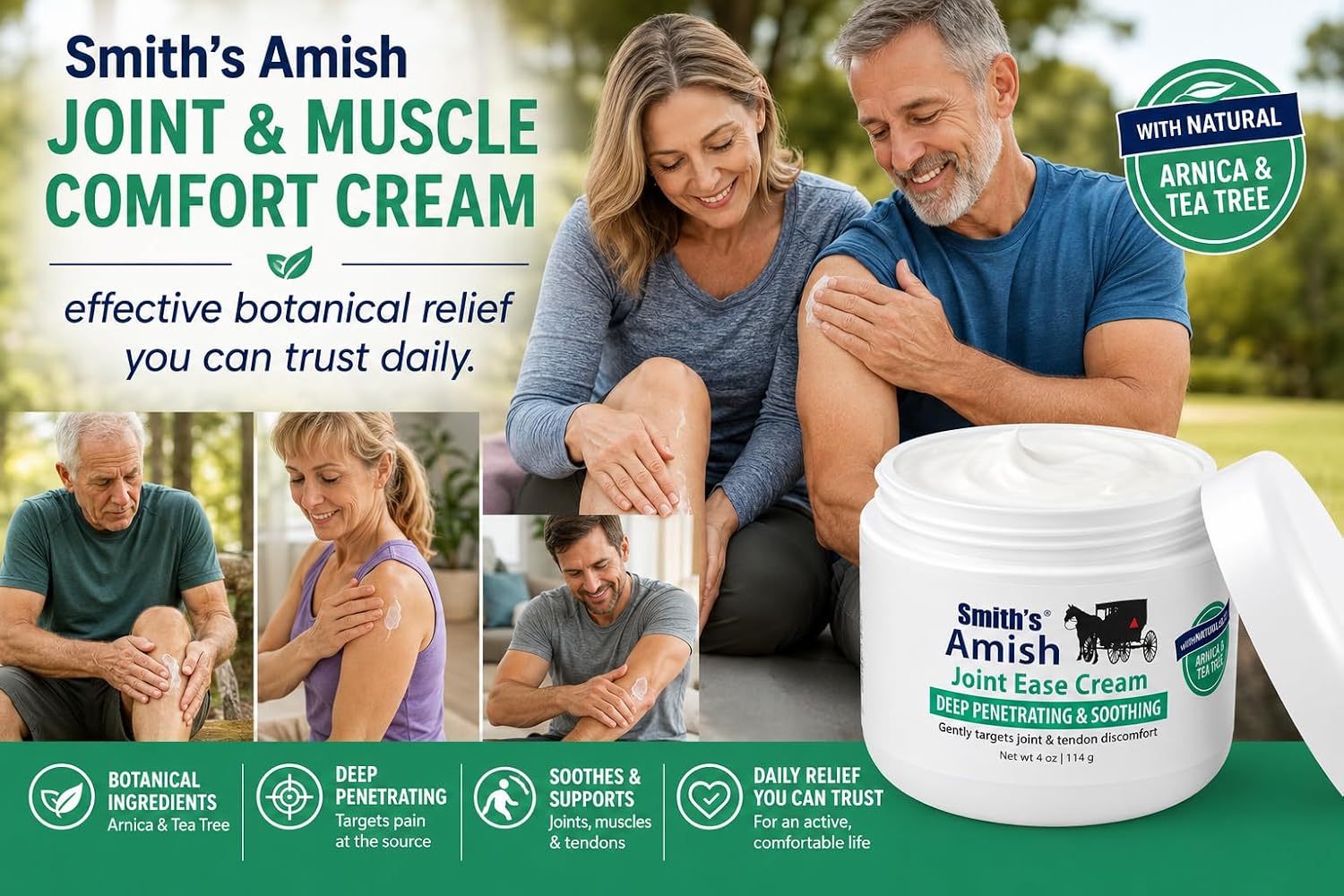 Smith's Amish Joint Ease Cream - Soothing Cooling Formula - 4 oz Jar | For Joint Discomfort, Stiffness & Muscle Tension - Arnica, Peppermint