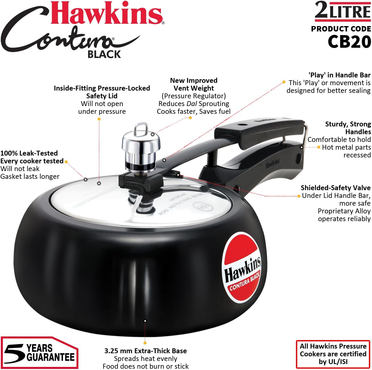 Hawkins 3.5 Litre Contura Black Pressure Cooker, Hard Anodised Inner Lid Cooker, Handi Cooker, Black (CB35)