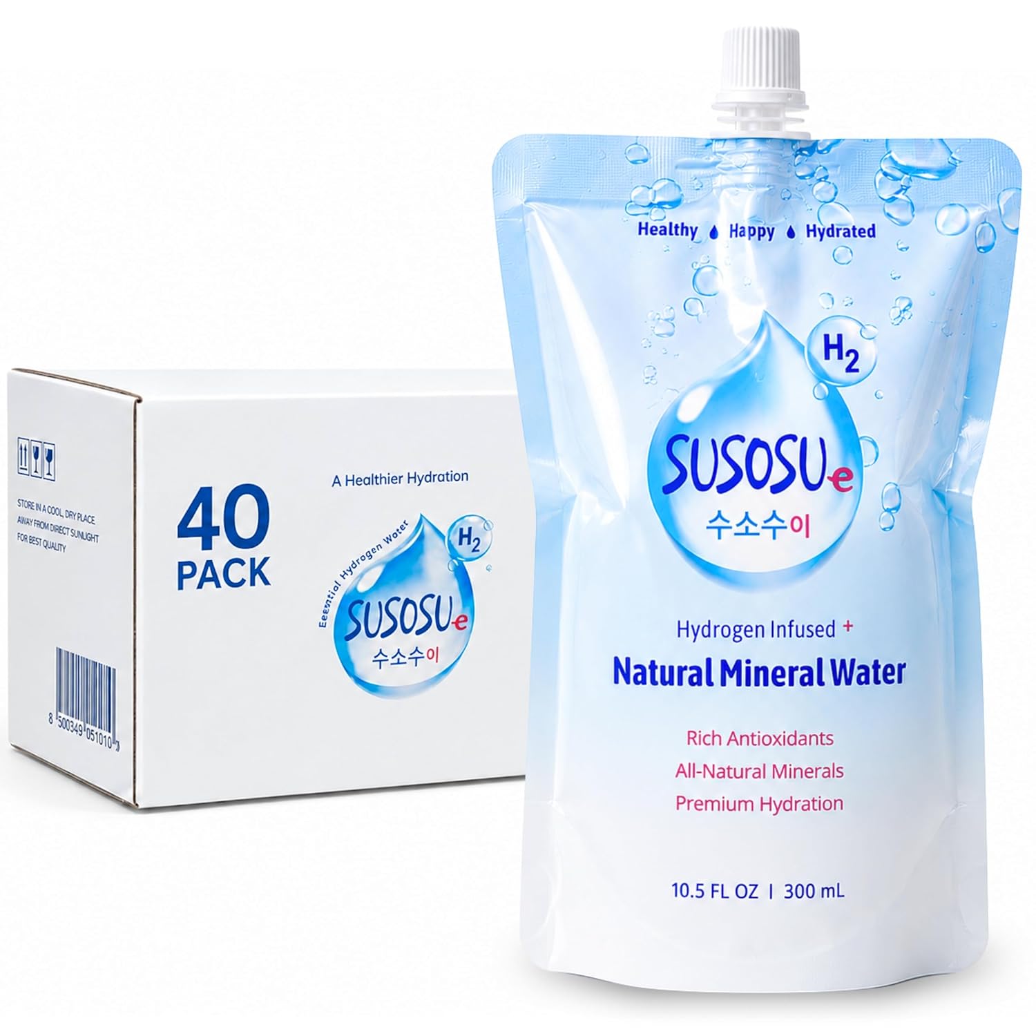 Susosu Hydrogen Water, Korean Mineral Water, 20 Pouches Ready to Drink, 10.5 Fl Oz