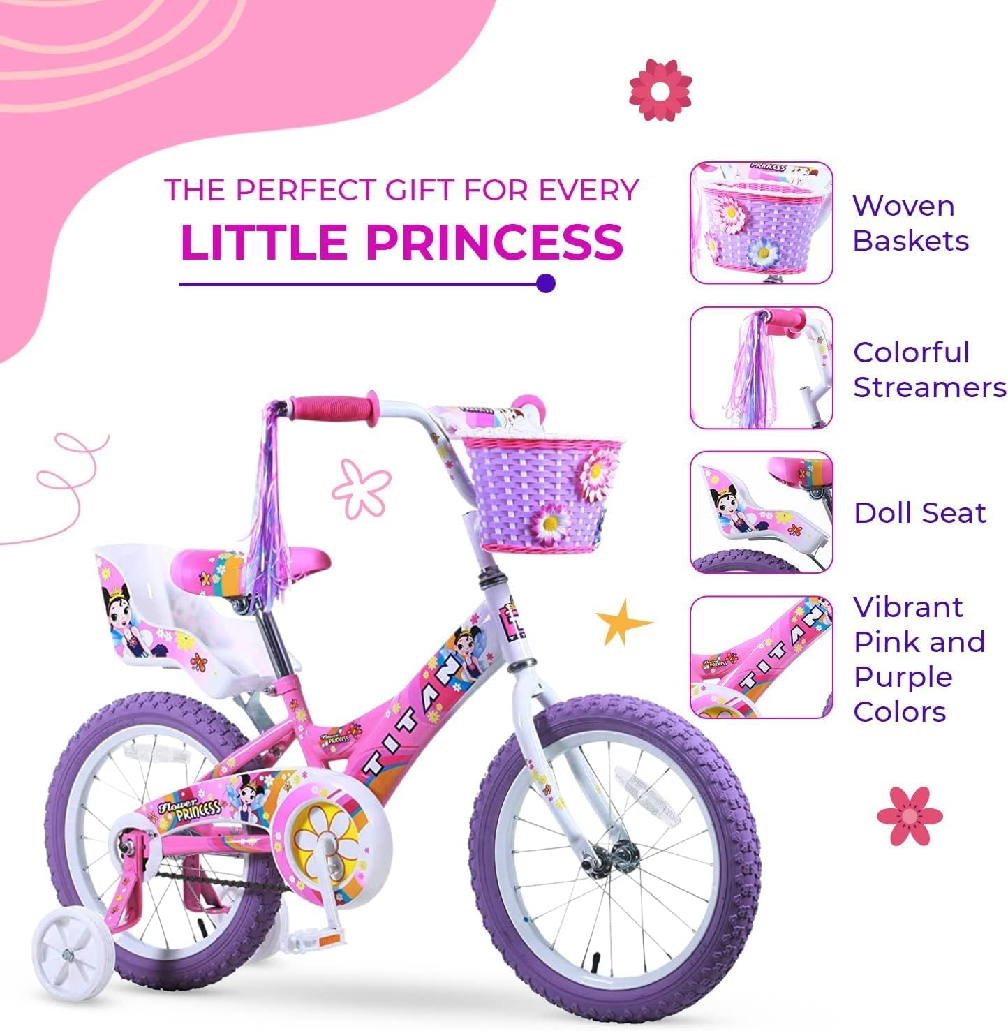 Titan Girls BMX Bike for Kids Ages 4-7, 16-Inch Wheels, 9-Inch Frame, Training Wheels, Toy Seat, Doll Basket, Streamers, First Bike, Princess Bicycle, Gift for Girls