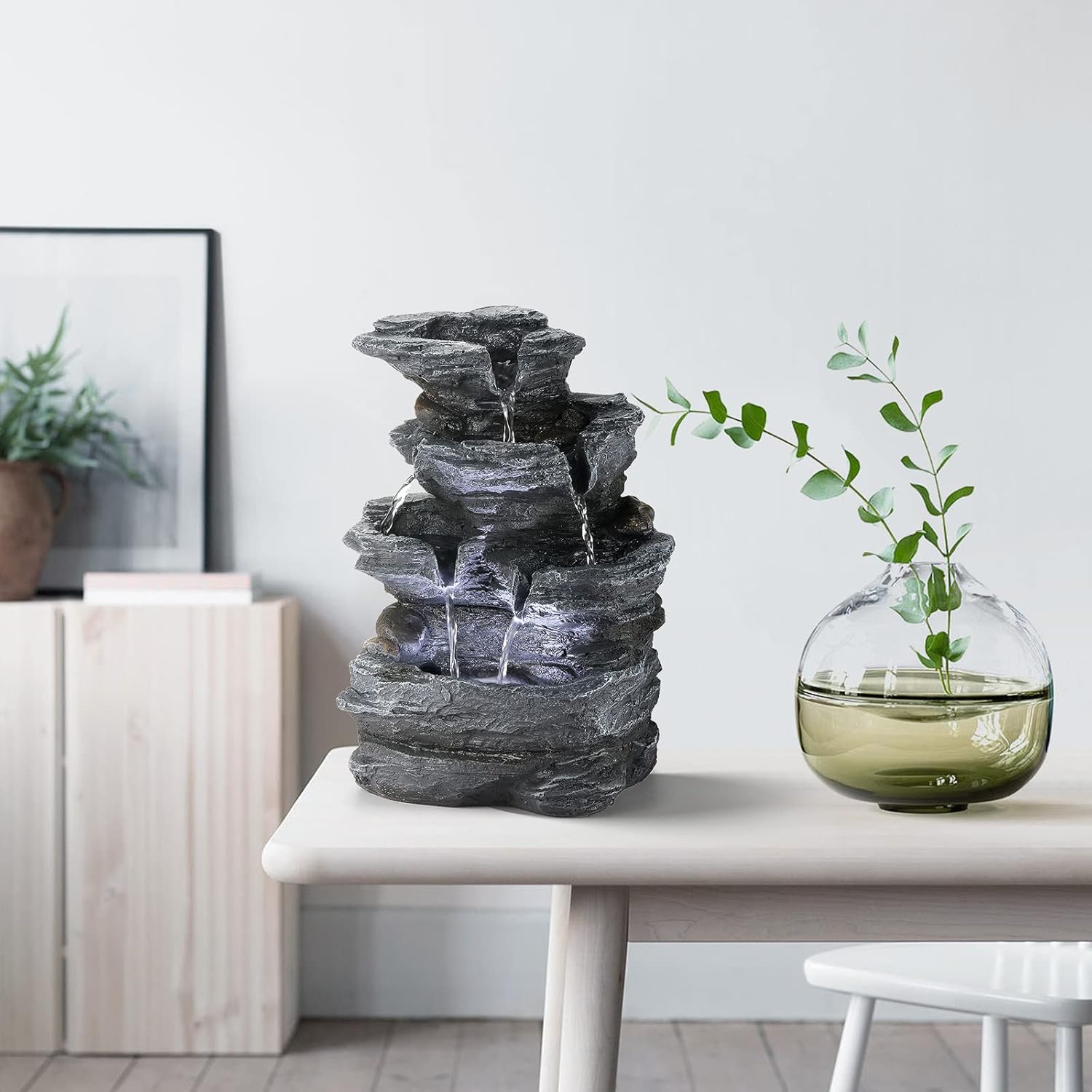 WICHEMI Indoor Water Fountain Tabletop Fountain Stacked Rock with LED Light | Relaxing Water Feature, Meditation Fountain, Soothing Sound, Stress Relief, For Home Office Bedroom Decor, 7.8"x7.8"x7.9"
