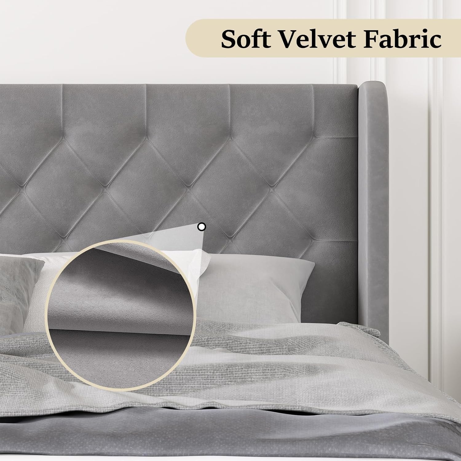 HOMBCK Full Size Bed Frame with Headboard, Upholstered Platform Bed, White | Velvet Tufted Curved Wingback/Wooden Slats Support/No Box Spring Needed/Noise-Free/Easy Assembly
