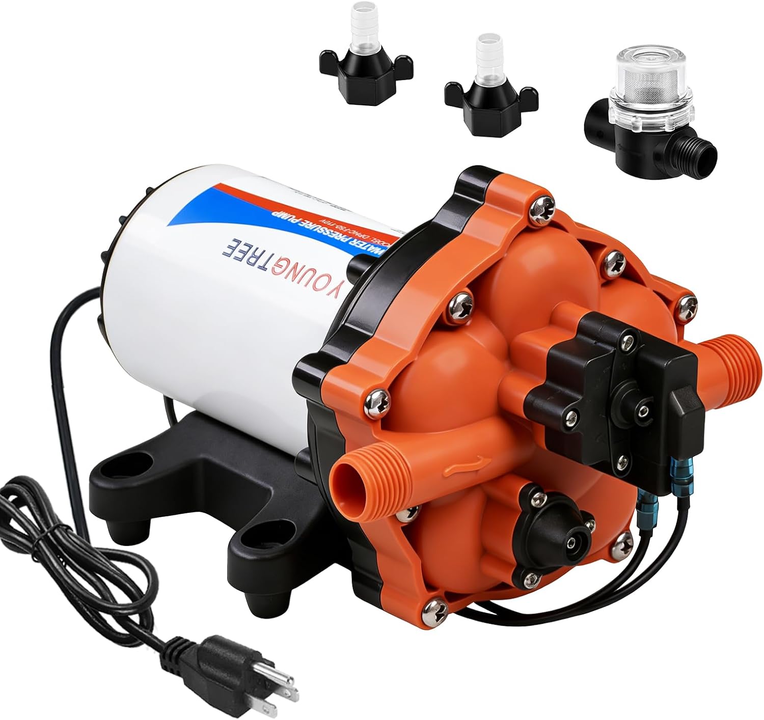 YOUNGTREE 55-Series 110V AC Fresh Water Diaphragm Pump 7GPM 70PSI 110volt 5-Chamber Water Pressure Washdown Pump On Demand with Pressure Switch for Irrigating, Home, Sprinkler, RV, Marine