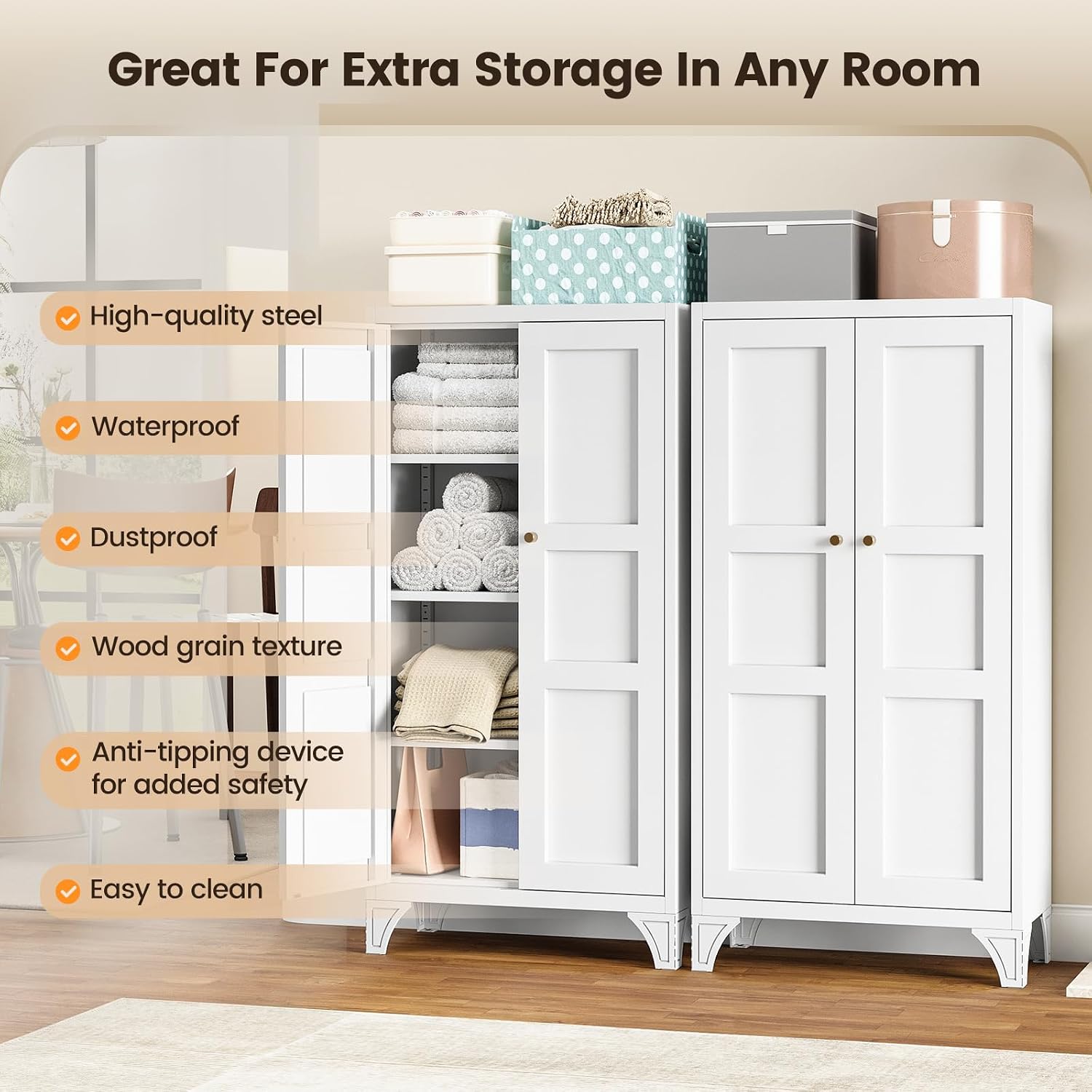 Metal Storage Cabinet with 2 Doors and 4 Adjustable Shelves - 61" White Kitchen Pantry Storage 5-Tier Tall Steel Cabinets Locker for Kitchen, Living Room, Dining Room