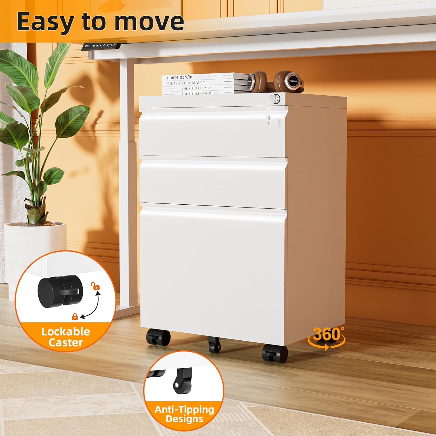 3 Drawer Filing Cabinet with Lock, White Mobile File Cabinet with Wheels, Rolling Small Metal Cabinets Under Desk for Home Office, Assembled