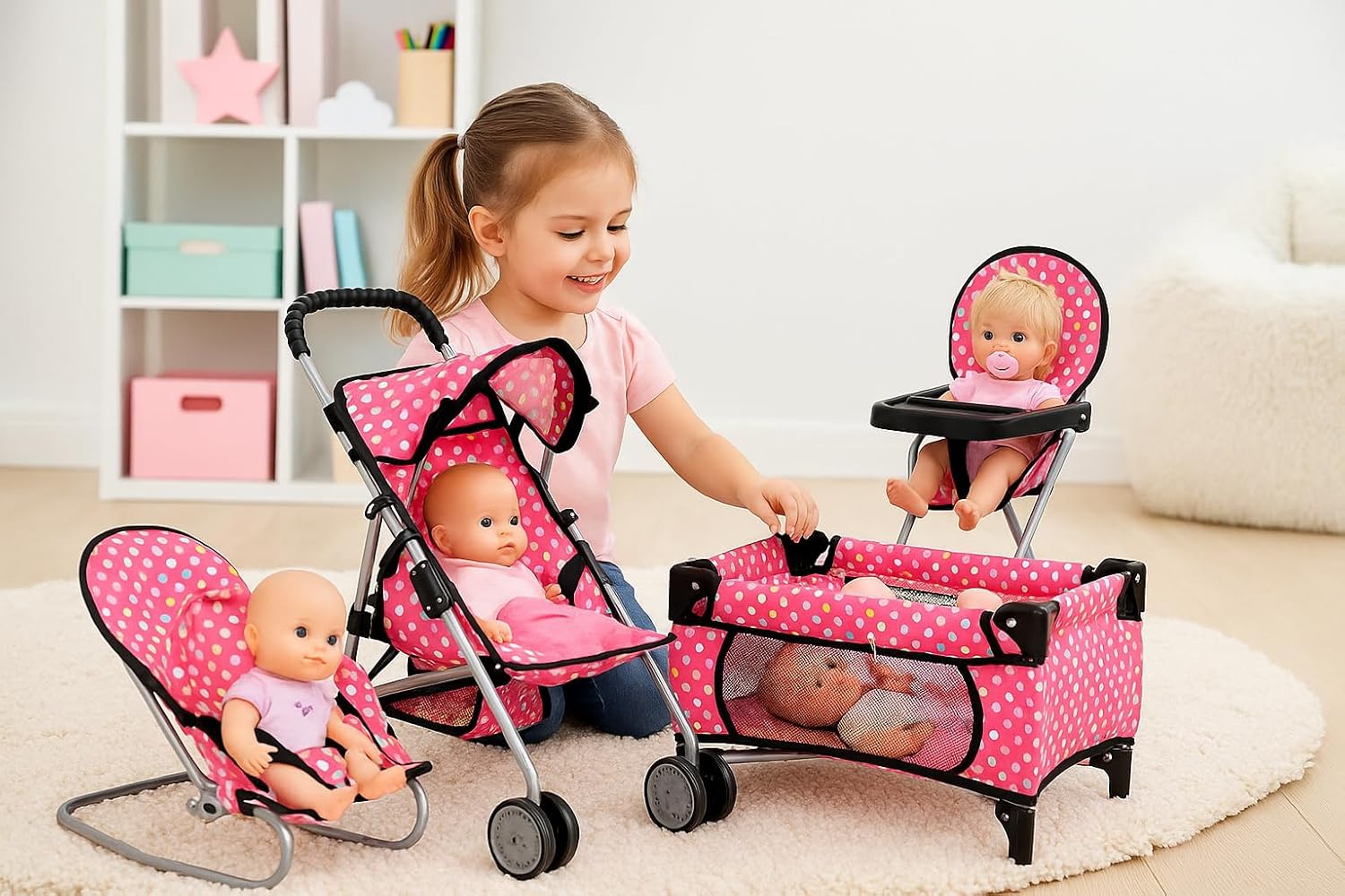fash n kolor 4 Piece Baby Doll Play Set Flower Design Includes - Foldable Pack N Play, Baby Doll Stroller, Baby Doll High Chair, Infant Seat, Fits Up to 18'' Doll 4 Piece Doll Accessories Set