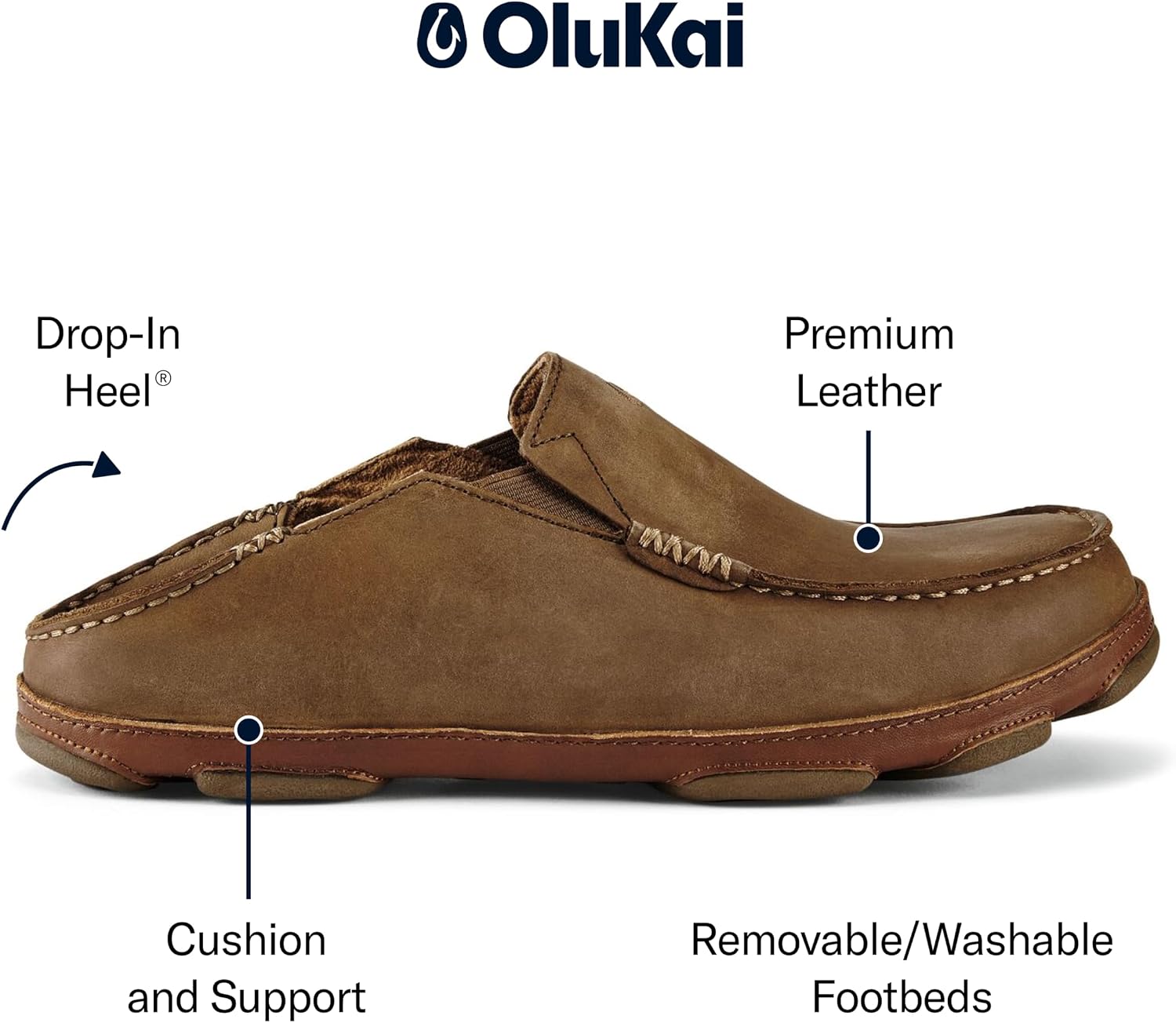 OluKai Moloa Men's Premium Leather Shoes, Easy Slip On & Off Design | Casual & Versatile Loafer, Drop-in Heel & Enhanced Traction