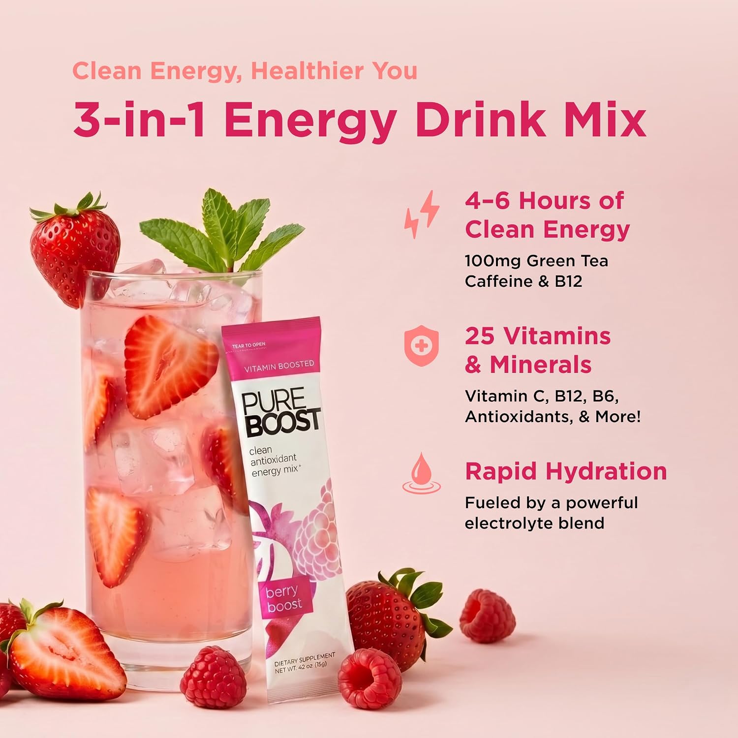 Pureboost Sugar-Free Clean Energy Booster Drink Mix, Citrus Sunrise 30ct | B12 vitamins, low sodium electrolytes & antioxidants. 25 vitamins and minerals. No sucralose.