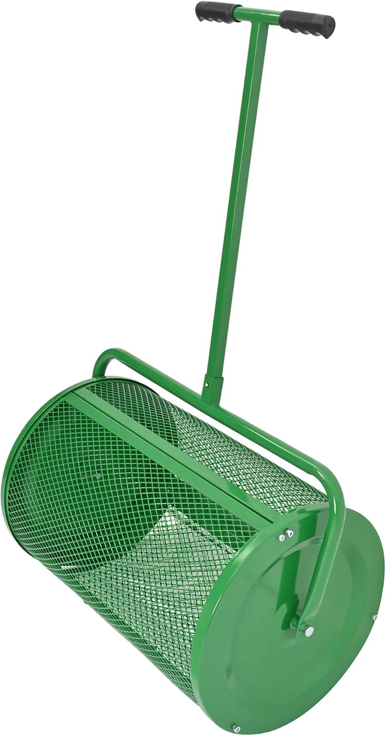 KUAFU 24" Compost Spreader Peat Moss Spreader T-Shaped Handle for Planting | Lawn and Garden Care Manual Spreaders Roller Green Powder Coated Mesh