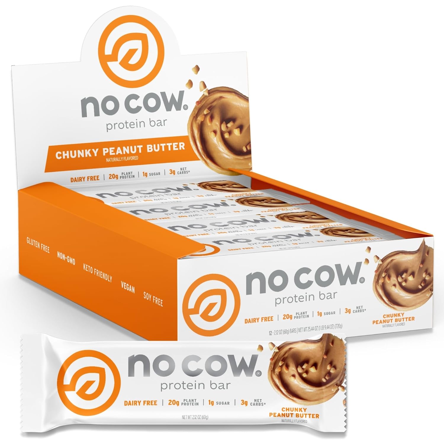 No Cow Peanut Butter Chocolate Chip Vegan Protein Bars, 12 Pack | 20g High Plant-Based Protein, High Fiber, Low Sugar, Gluten-Free, Dairy-Free, Soy-Free, Keto-Friendly Snack Bars