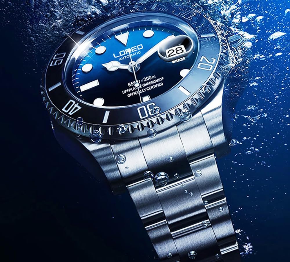 LOREO Men's Automatic Watch Sapphire Crystals 200M Waterproof | Rotating Bezel Luminous Markers and Hands Date 316L Stainless Steel Case and Bracelet Waterproof Watch