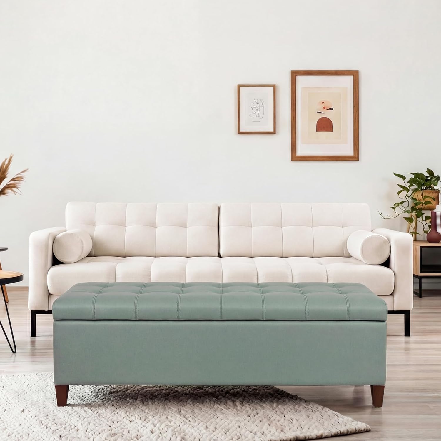 51 Inch Storage Bench,Leather Tufted Storage Ottoman with Legs | Safety Hinges,Wooden Legs,Upholstered,End of Bed,Bedroom,Living Room,Entryway,330LBS,Brown