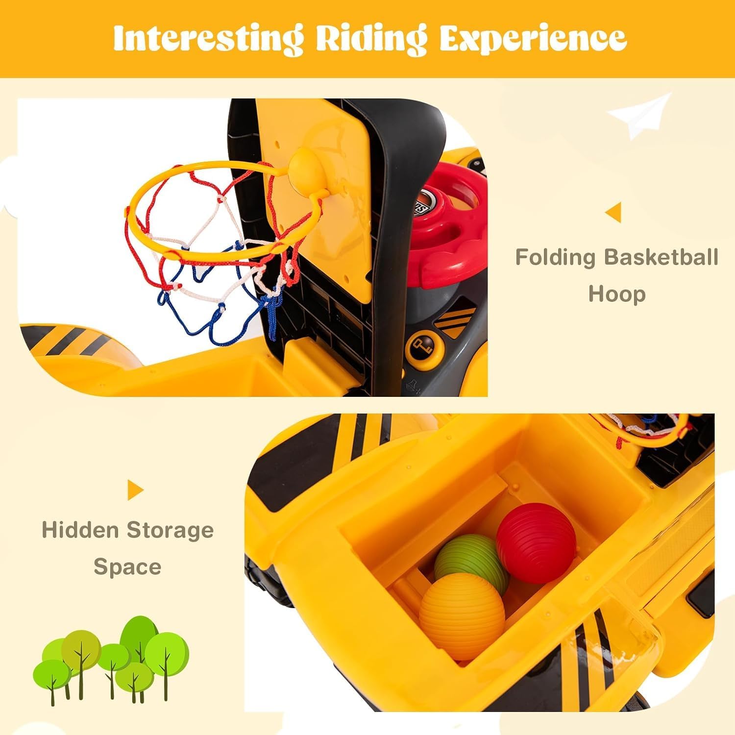 Costzon Ride on Excavator, Ride on Construction Vehicles w/Helmet, 3 Toy Stones, Realistic Sound, Adjustable Bucket & Under Seat Storage, Bulldozer Ride on Toy Gift for Kids Boys & Girls