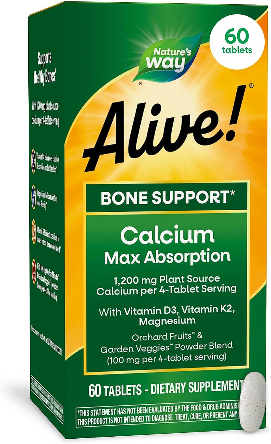 Nature’s Way Alive! Calcium Bone Support Tablets*, 1,200 mg Calcium, 120 ct | Max Absorption Calcium Supplement with Vitamins D3, K2, & Magnesium, Promotes Bone Health and Bone Density*, Gluten Free
