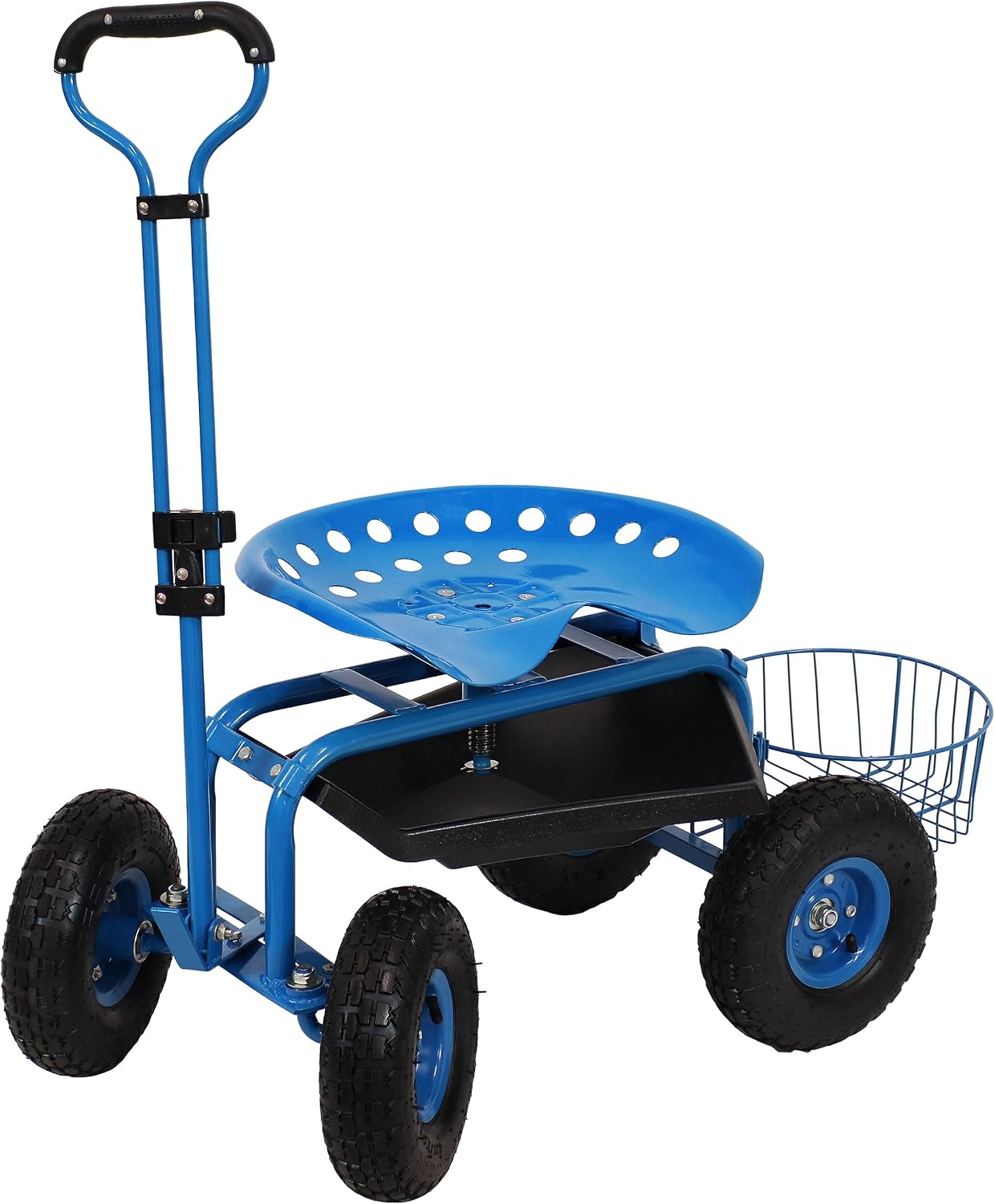Sunnydaze Garden Cart with Wheels and Extendable Handle, Blue | Steel Rolling Gardening Seat with Utility Tray, and Basket for Storage, Rotating, Swiveling Motion