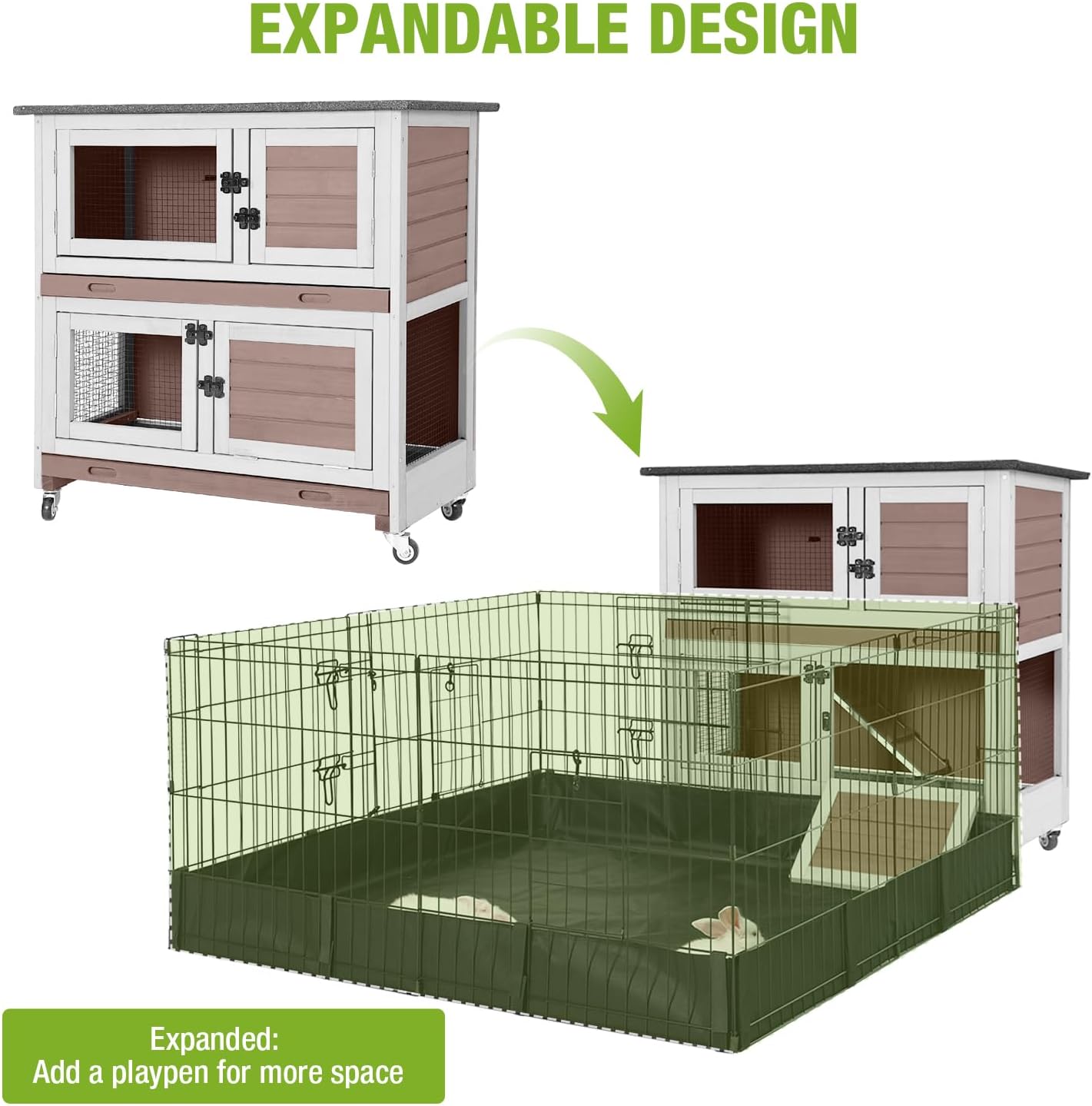 Outdoor Rabbit Hutch Indoor Bunny on Wheels Large Guinea Pig Cage with Run for Any Small Animals,Removable Pull Out Tray