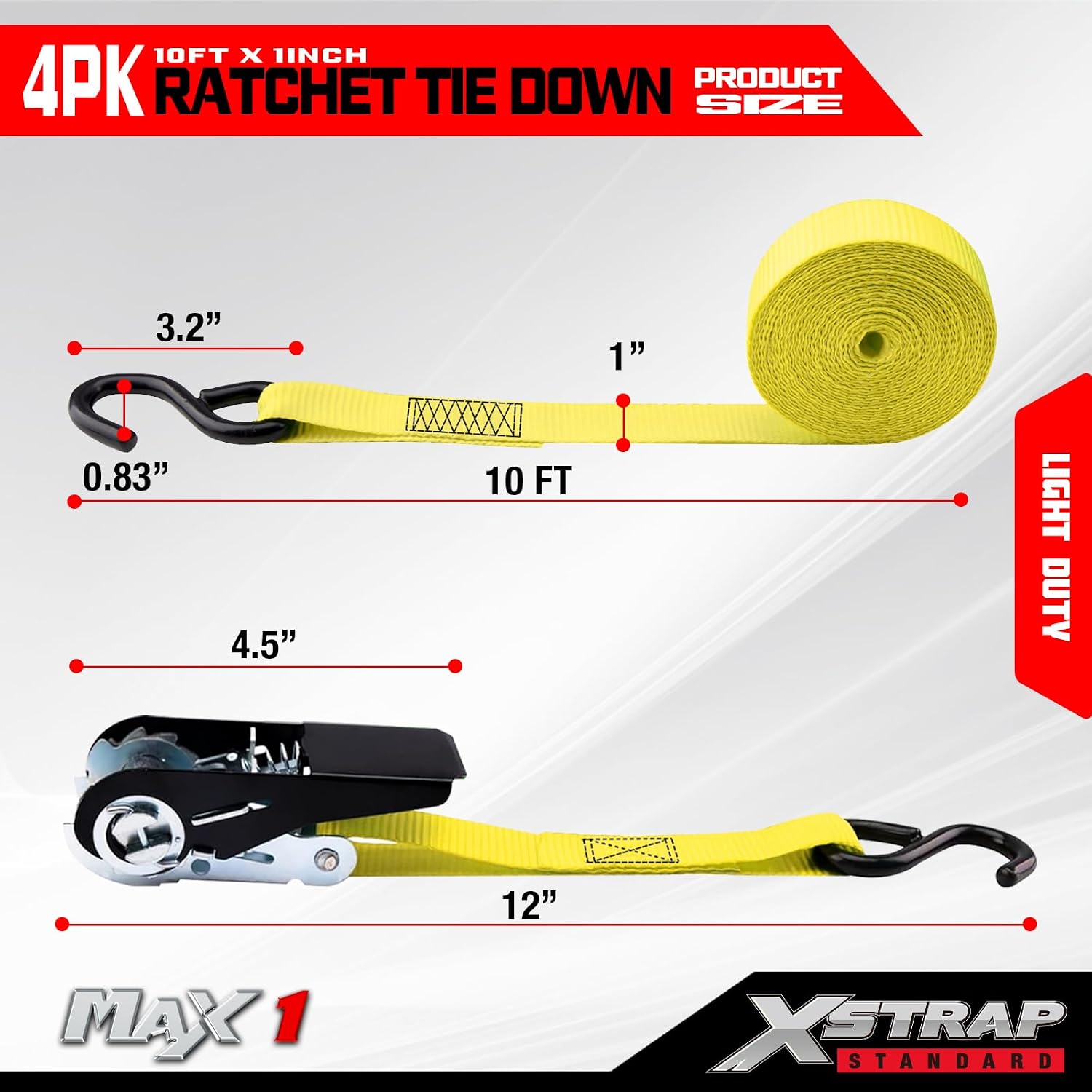 XSTRAP STANDARD 8-PK Ratchet Tie Down Straps, 1" x 10ft Cargo Strap, Yellow