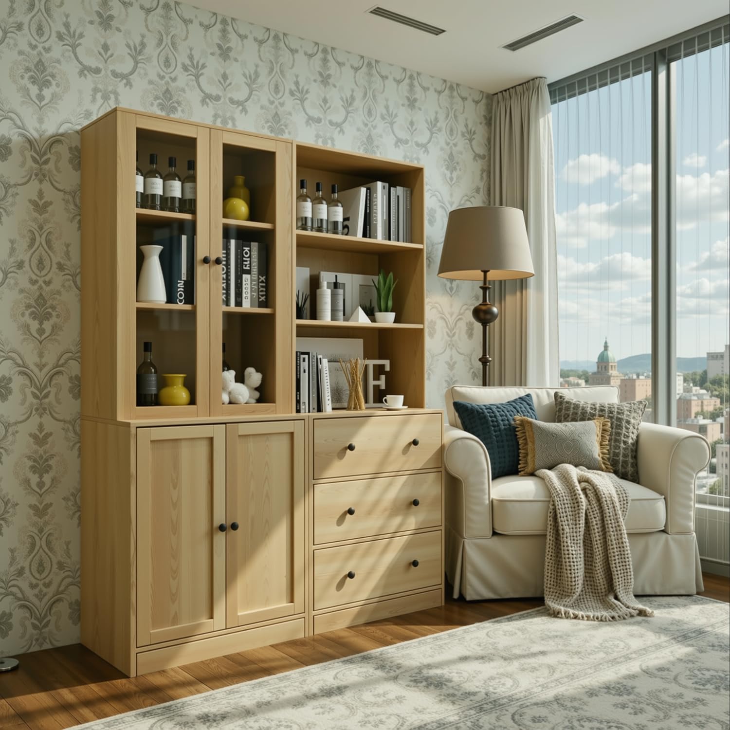 TUSY 71" H Bookcase with Storage | 6-Tier Modern Bookshelf with Drawers, Display Bookcase with Glass Doors, White Curio Cabinet for Home Office, Living Room