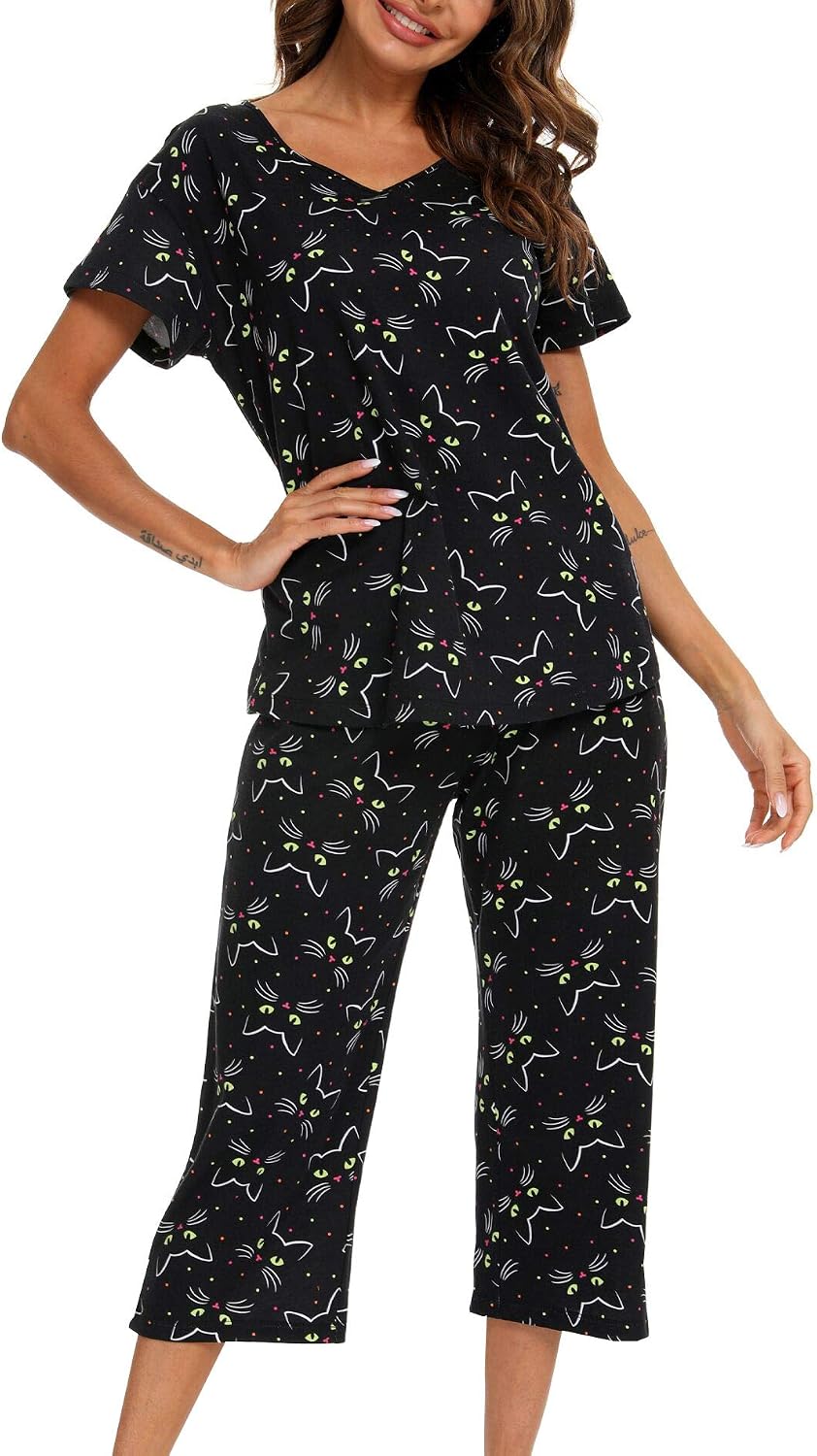 ENJOYNIGHT Womens Pajama Set Cotton Summer Pj Top with Capri Pant Sleepwear