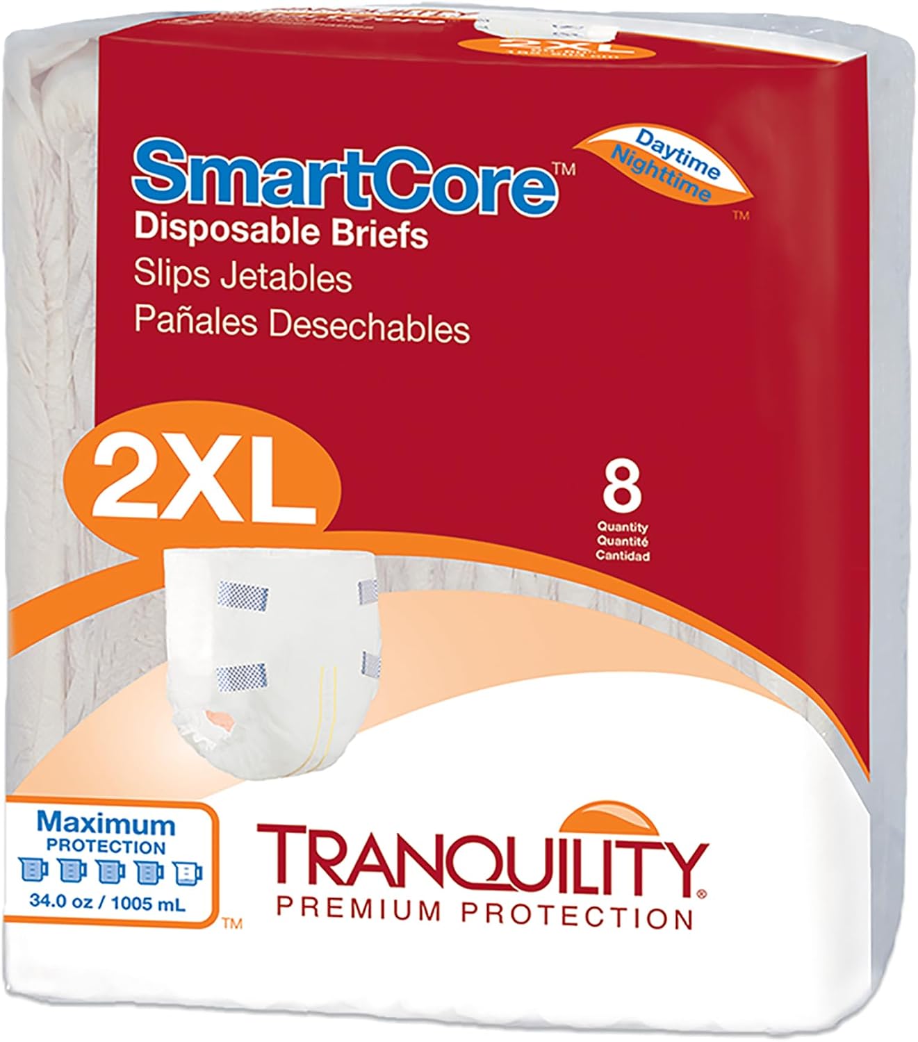 Tranquility SmartCore Adult Disposable Briefs, Incontinence Control with Breathable Kufguard Technology, Fastening Tabs & Wetness Indicator, Latex-Free, Adult XX-Large, 34oz Capacity, 32ct Case