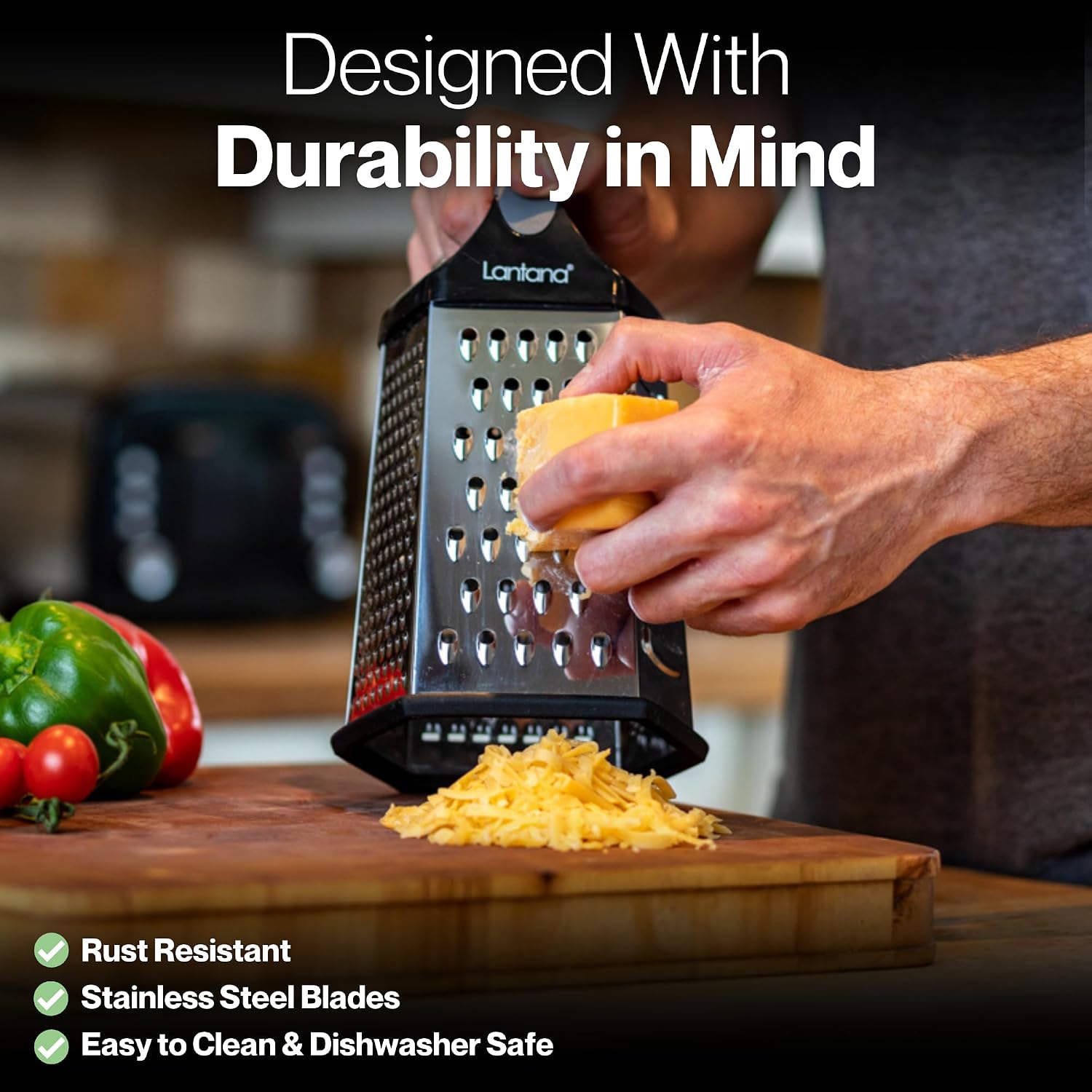 Cheese Grater with Container, Handheld Shredder, Zester (6 in 1) | 6 grating functions, coarse, medium, fine, micro, slicer blades, non-slip base