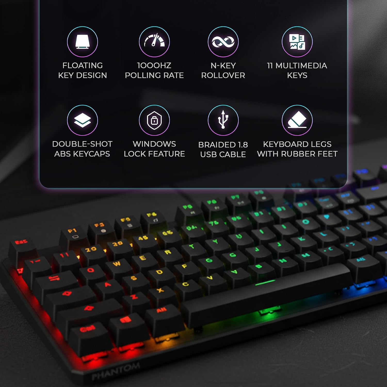 TECWARE Phantom 87 Key RGB Mechanical Gaming Keyboard | Outemu Red Switch | 16.8M Color LED Lighting | 18 Pre-Set | Low Latency | N-Key Rollover | Software Customizable Keys | Wired USB Connection