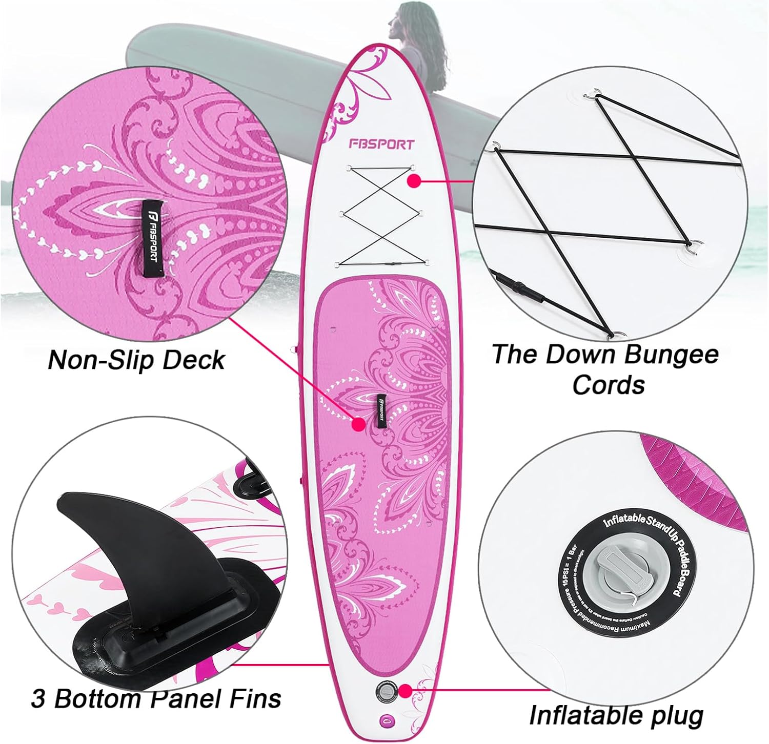 FBSPORT 11' Premium Stand Up Paddle Board, Yoga Board with SUP Accessories & Carry Bag | Wide Stance, Surf Control, Non-Slip Deck, Leash