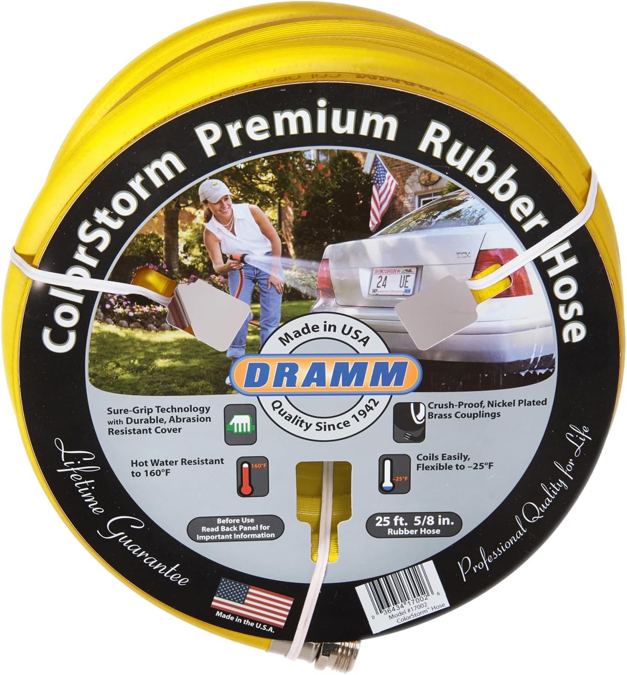 Dramm ColorStorm Premium Rubber Garden Hose – 100 ft Heavy Duty 3/4" Water Hose – Kink Resistant, Crush-Proof Nickel-Plated Couplings – Made in USA - Yellow