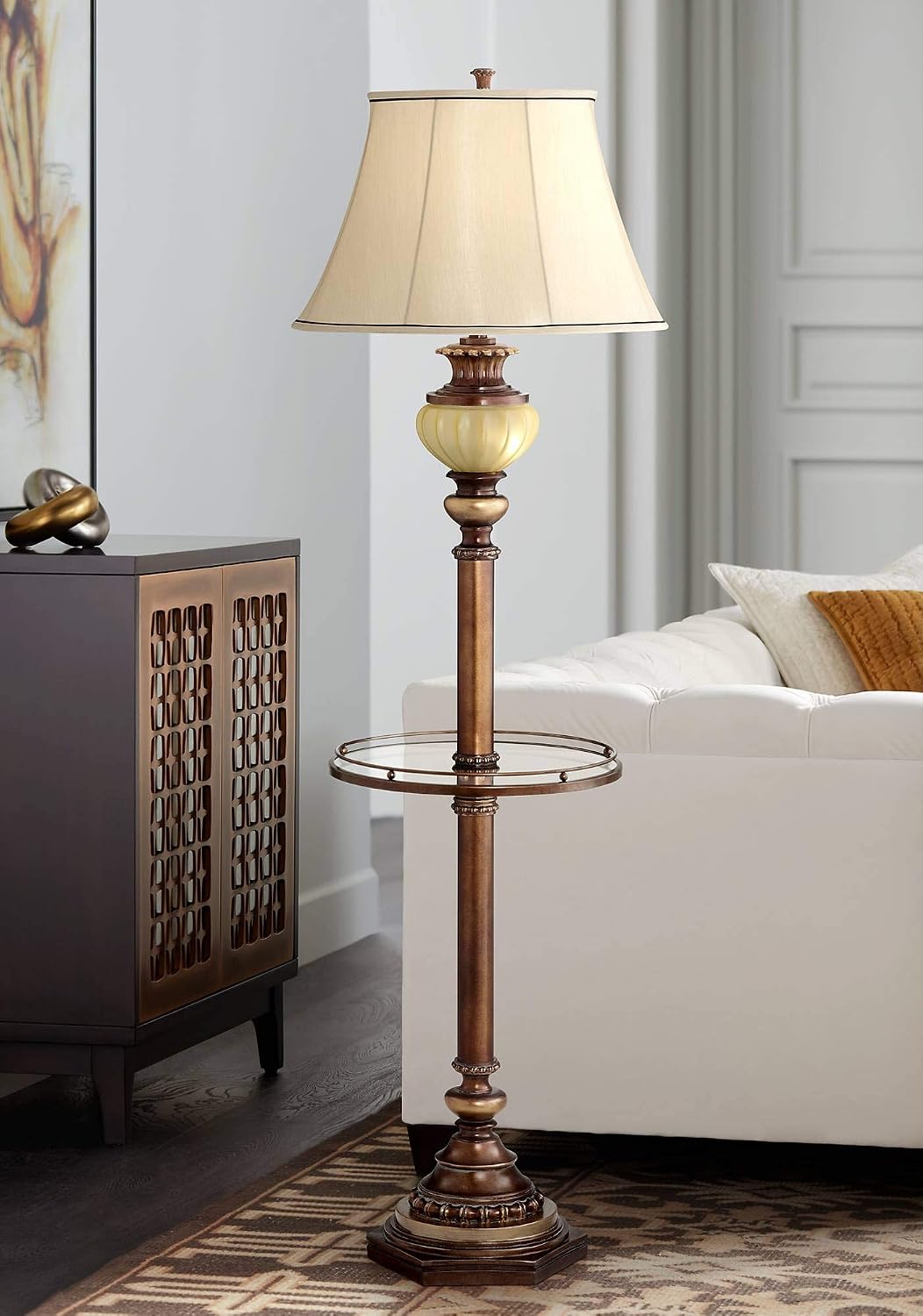 Kathy Ireland 65" Tall Night Light Glass Tray Table Floor Lamp Living Room | Hyde Park Rustic Vintage with Nightlight Bronze Gold Metal Pearl White
