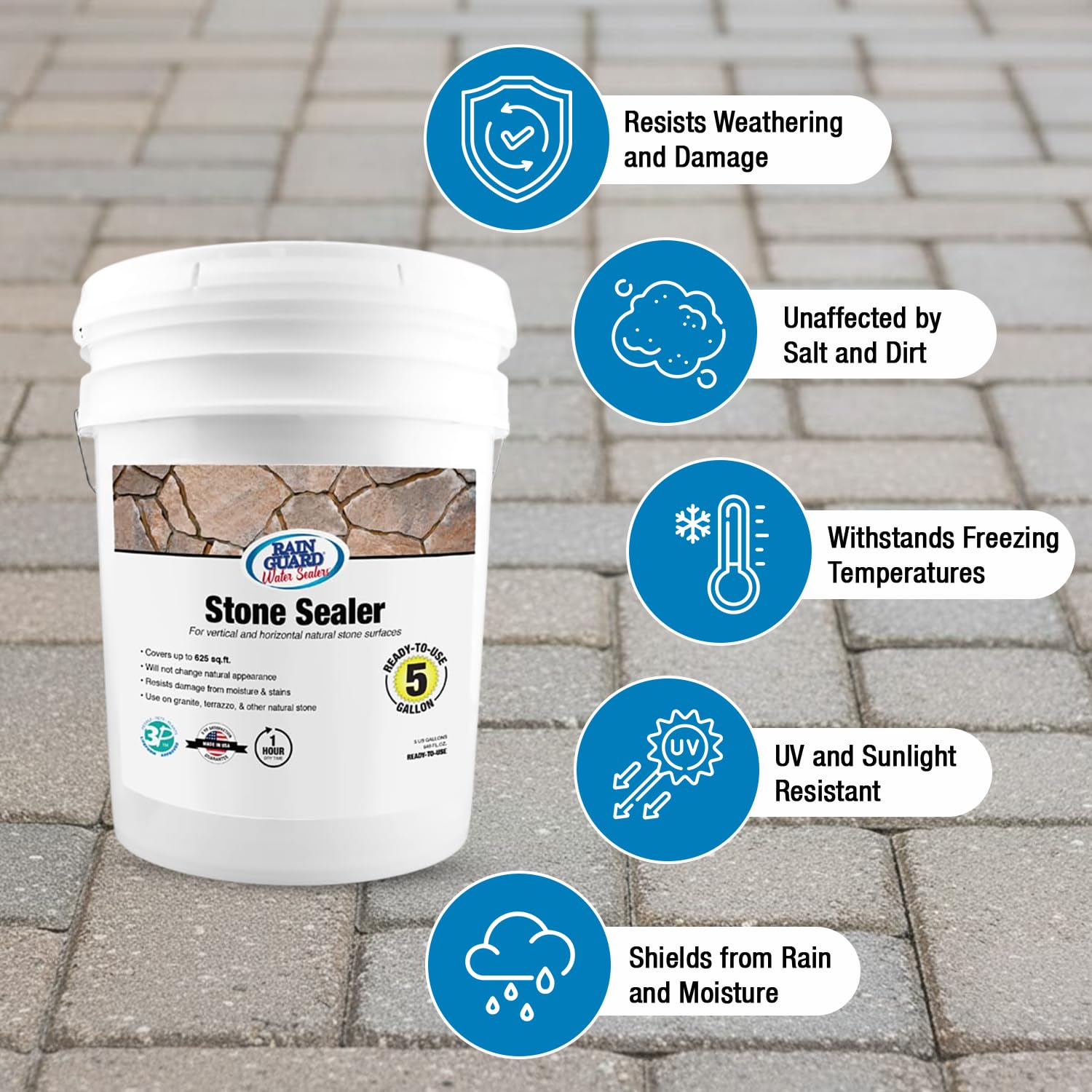 Rainguard Water Sealers Stone Sealer, Penetrating Protection Against Moisture Damage and Stains, for All Stone Surfaces, Silane/Siloxane Waterproofer, Natural Finish, Ready to Use, 5 Gallons | Silane Siloxane Waterproofer, Protects Against Moisture Damag…