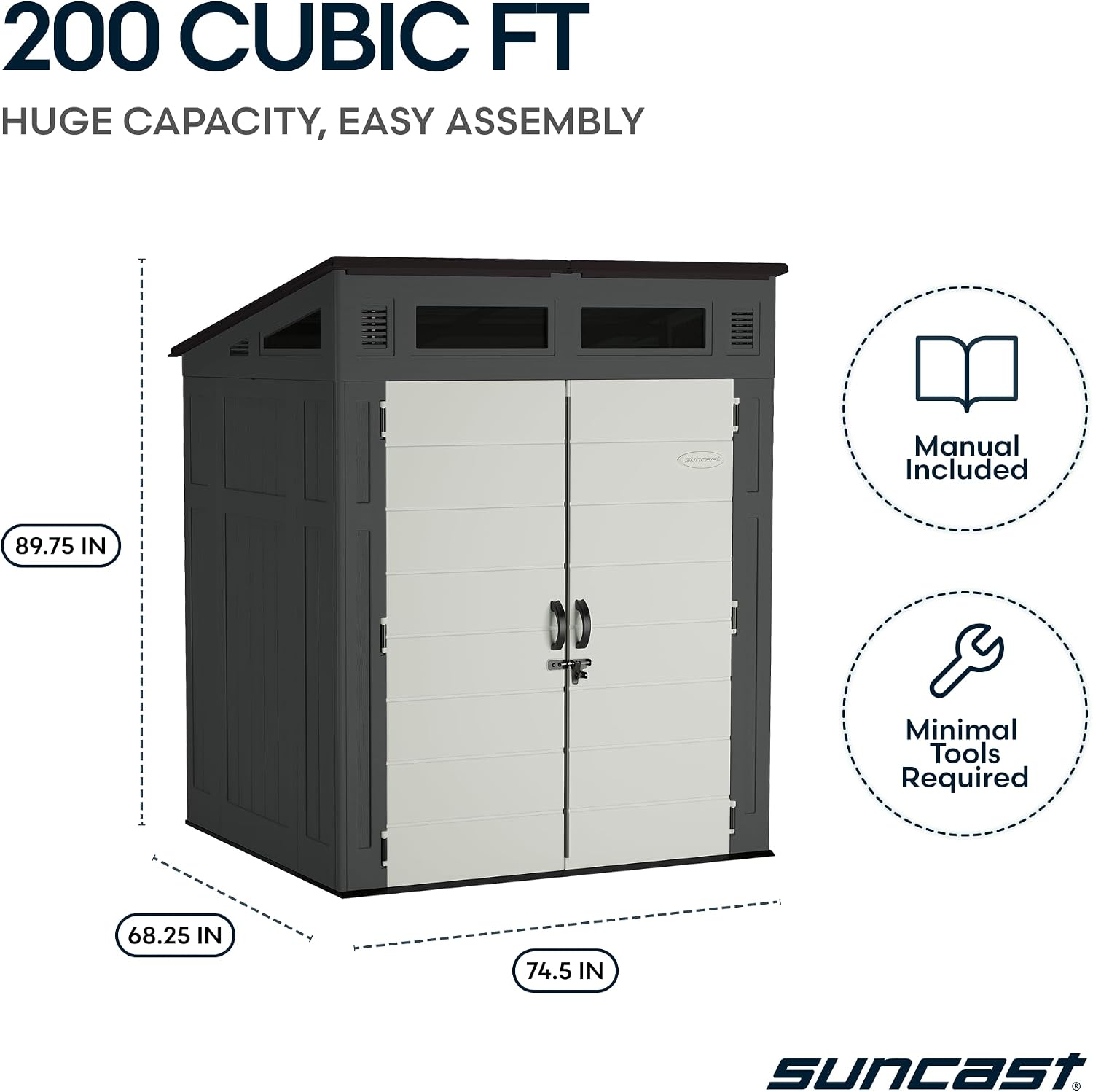 Suncast 6' x 5' Modernist Storage Shed, 200 Cu Ft, Lockable, Peppercorn